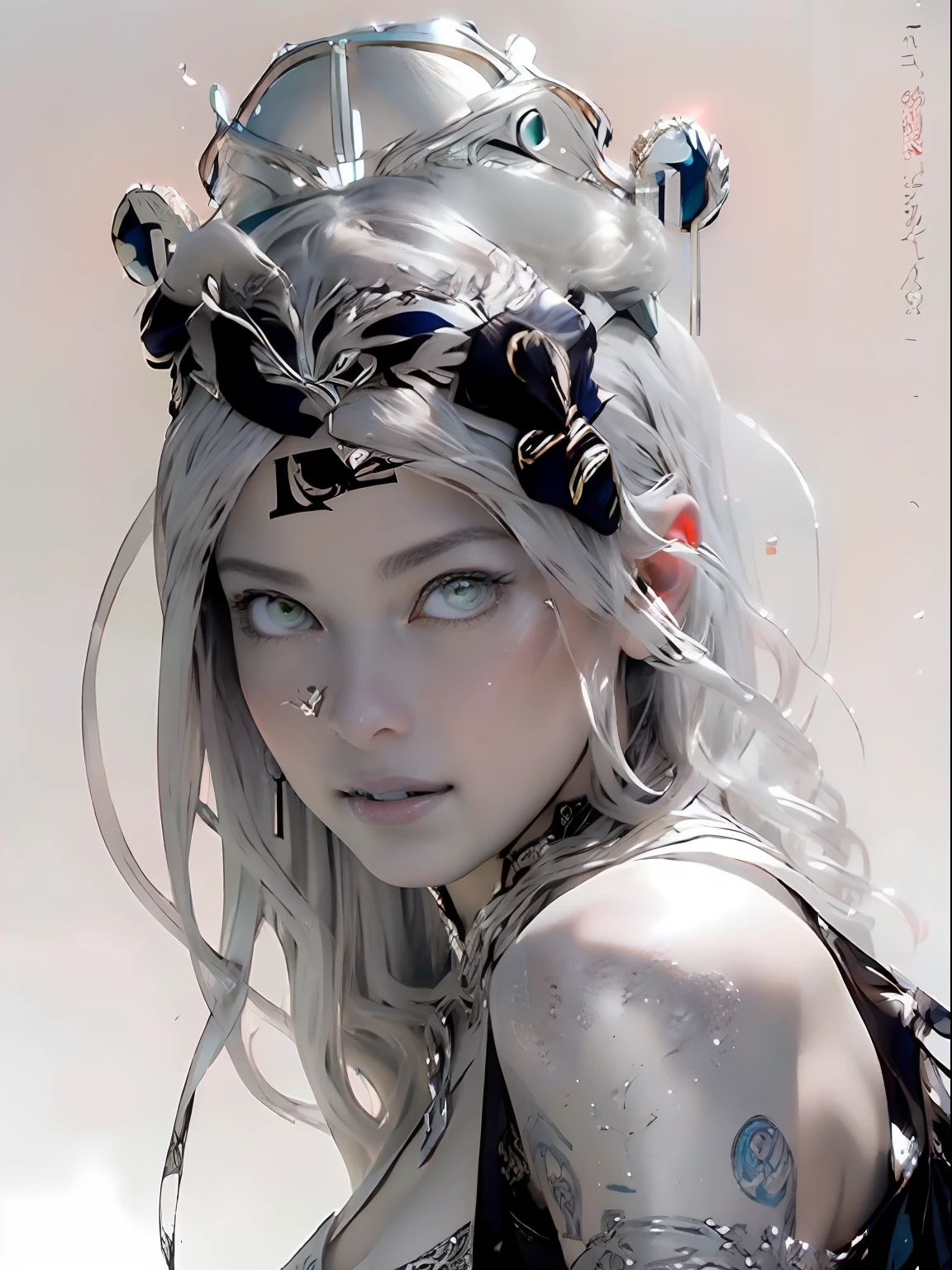 Ultra-detailed complex 3D rendering of the face, (masterpiece, top quality, octane rendering,), glamour shots full body image, very beautiful young elves, cleavage, (highly detailed skin: 1.2), (exposure: 1.1), ((blue micro bikini: 1.95)))). , 8k, (((very soft breasts)), (((conspicuous large pink areola)), beautiful Caucasian woman with white skin with full soft breasts with big buttocks, one, long braided hair, big breasts, dynamic angles, (((huge breasts: 2.4)), ultra-realistic photos, ((((((silver hair)))), futuristic urban background, facial muscles, (((((detailed and glamorous silver crown)))), In the style of Marvel Comics, ArtStation Trends, Clear Focus, Intricate Details, Very Detailed, Detailed Green Eyes, Sharp Focus, Digital Rendering, Professional, Abs, Lip Gloss, Glossy Skin, Sexy Pose, Golden Tattoo All Over Body, Silver Pattern All Over Body, Silver Lame Skin, Gold Glitter Skin, Mansuji, Buttocks, Jeweled All Over the Body, with silver scales, silver hair,