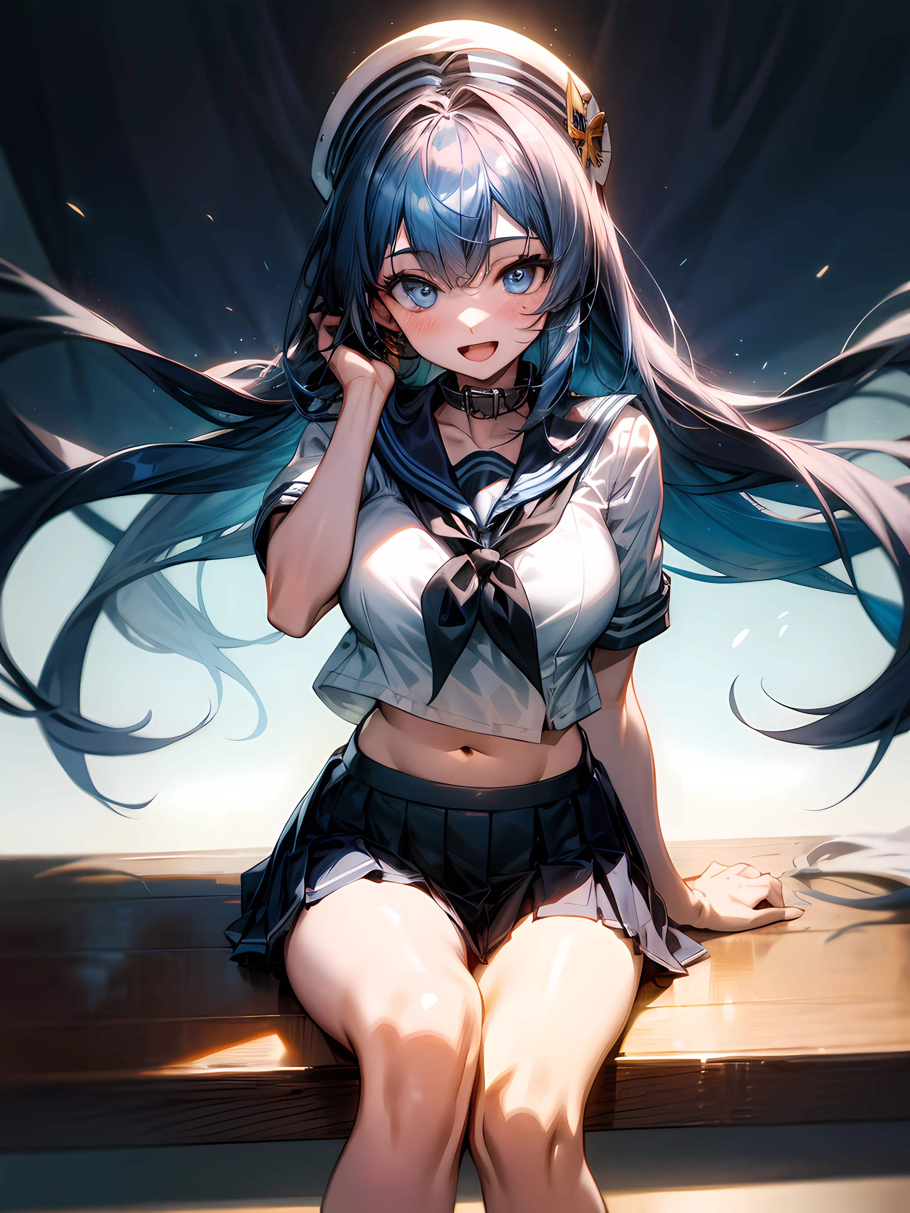 1girll, sitting down on the floor, Place your phone to your ear, Blowing hair, Long hair, blue color eyes,Shining eyes,Detailed eyes,Skirt, Solo, upper legs, Sailor school uniform, navel, Pleated skirt, midriff, Blue eyes, White shirt, Collar, Smile, Medium breasts, view the viewer, Open mouth,,Large breasts,