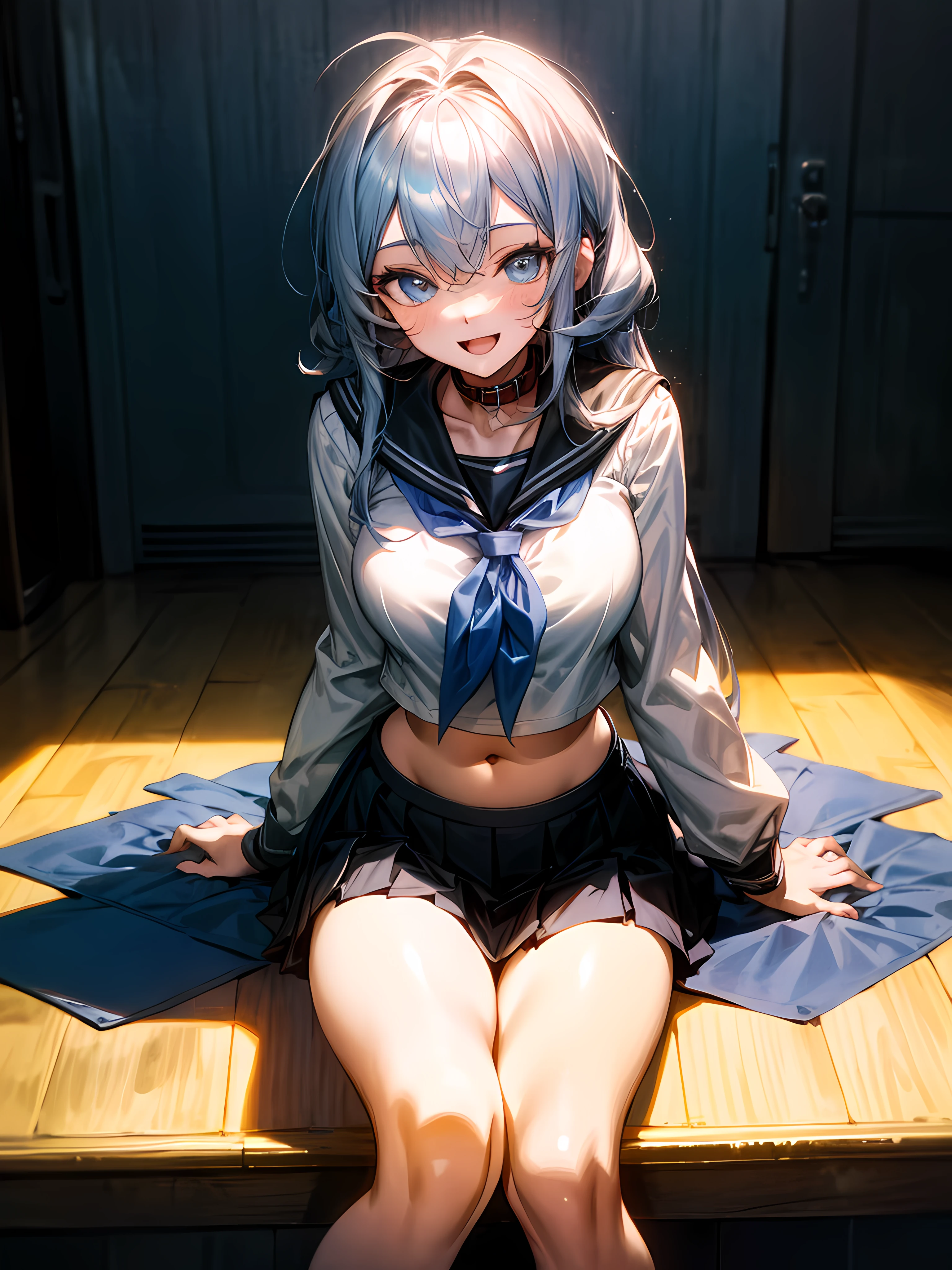 1girll, sitting down on the floor, Place your phone to your ear, Blowing hair, Long hair, blue color eyes,Shining eyes,Detailed eyes,Skirt, Solo, upper legs, Sailor school uniform, navel, Pleated skirt, midriff, Blue eyes, White shirt, Collar, Smile, Medium breasts, view the viewer, Open mouth,,Large breasts,