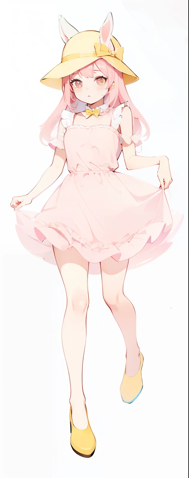 Rabbit-eared woman with hat on her head,Wearing a pink dress and yellow safety pants