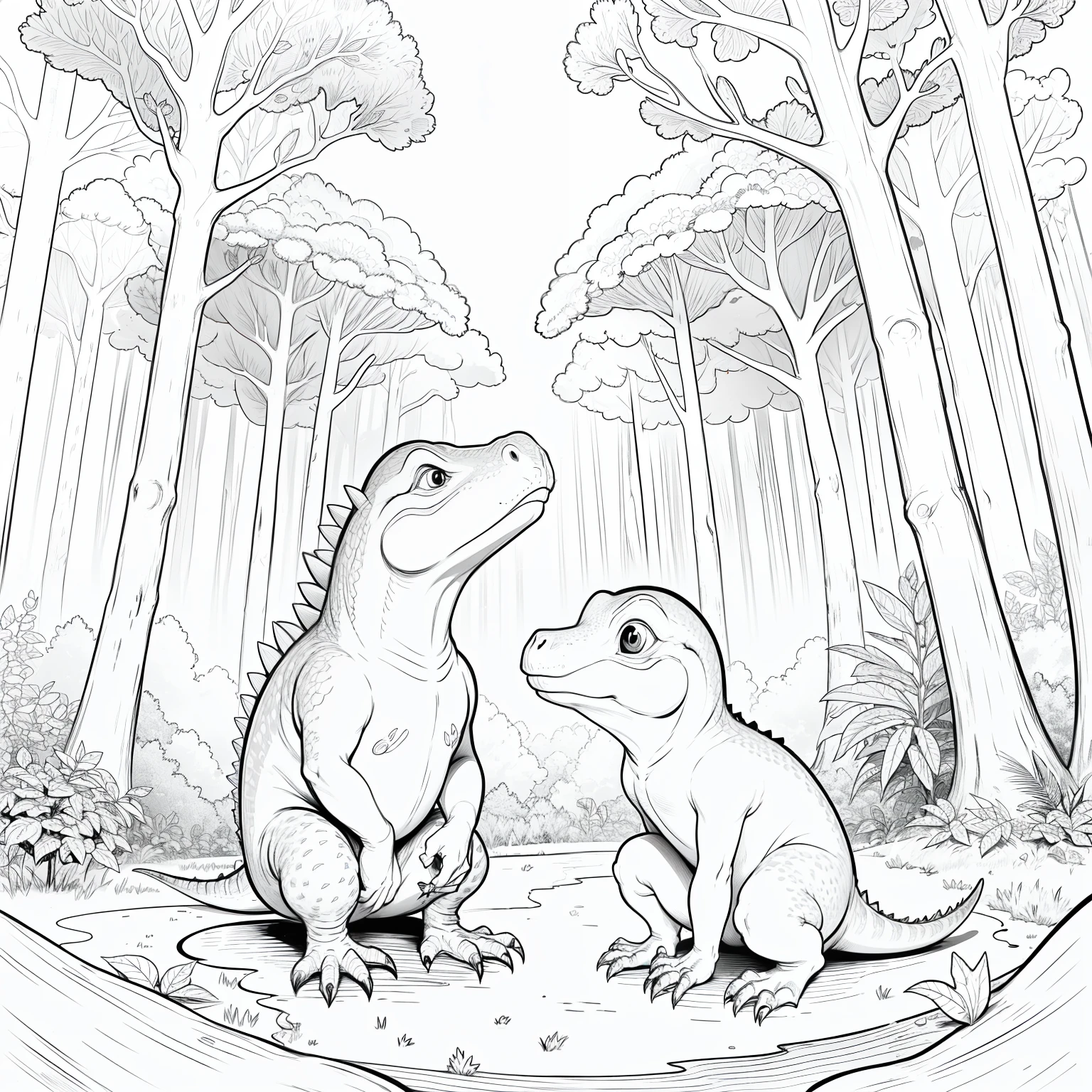 coloring book for kids baby dinosaur sitting on floor middle of the forest, few trees, low details, monochrome, balck and white, white background,