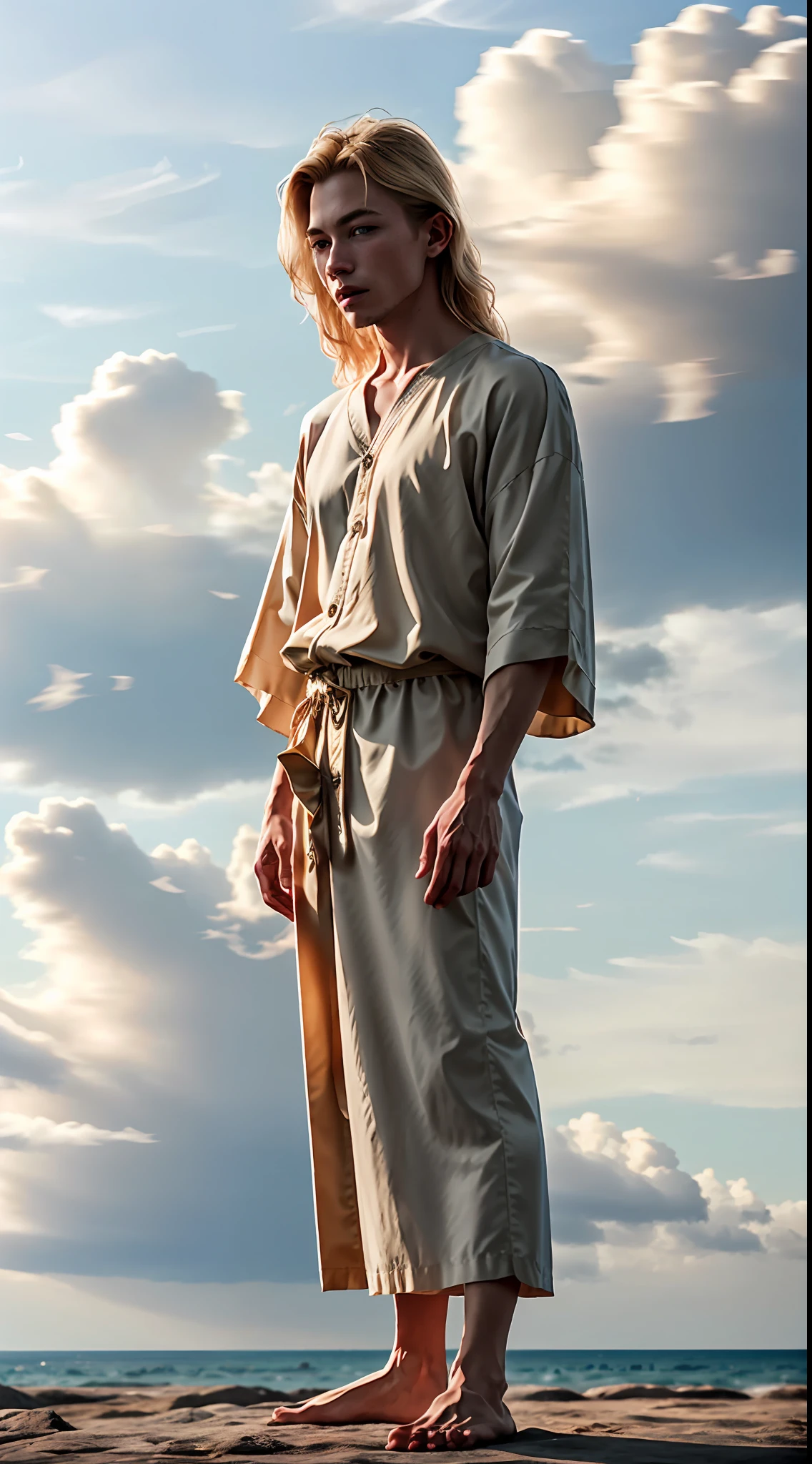 (1man), solo, hair(blonde, long-hair), jesus, wearing(long, silk-clothes), photo(long-shot), background(heaven, cloud, blurry:1.6), (photorealistic, absurdres, best_quality:1.5),