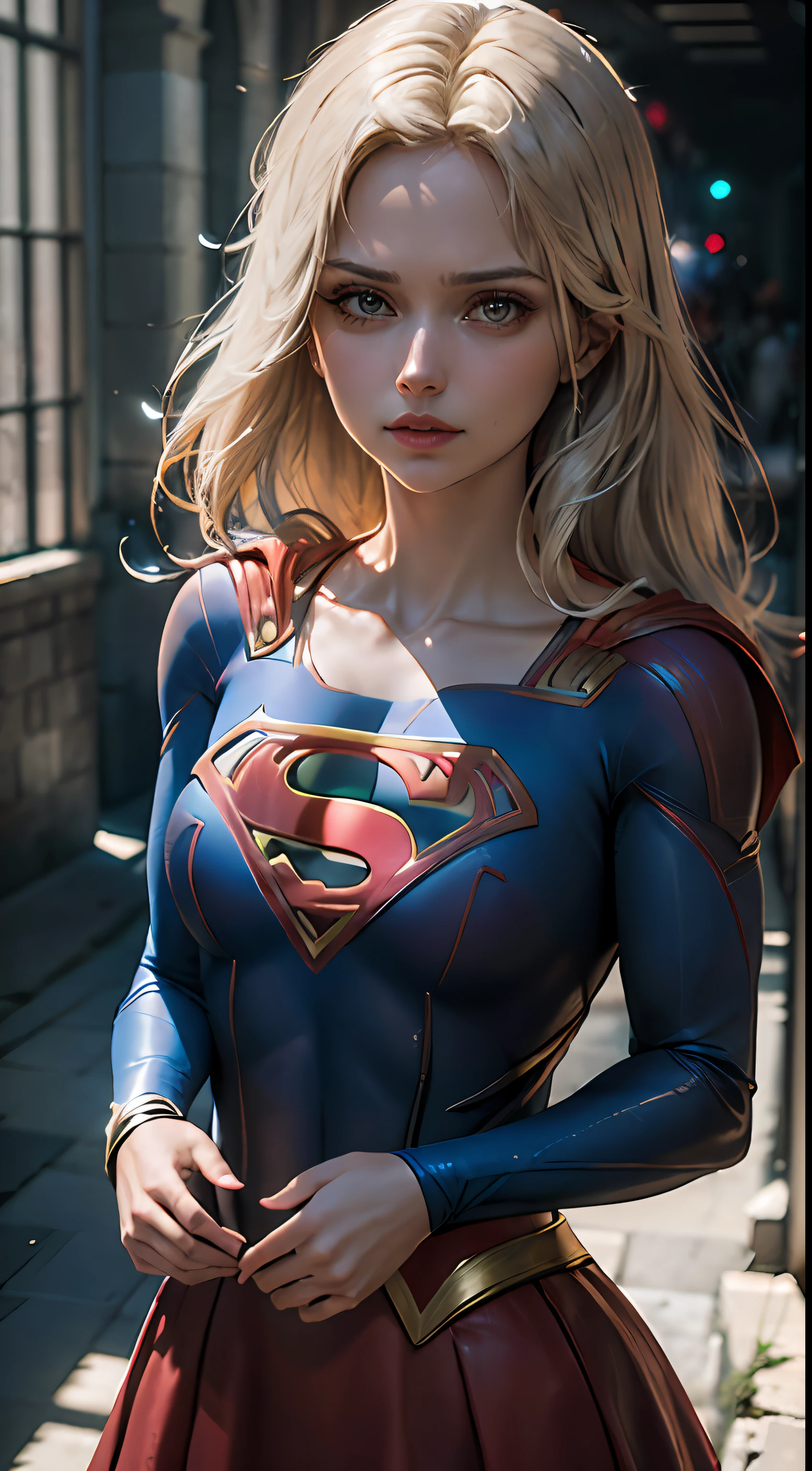 ((Melhor qualidade da Supergirl)), ((obra-prima)), (detalhado: 1.4), 3D, uma imagem de uma linda mulher loira de olhos verdes cyberpunk,HDR (High Dynamic Range),Ray Tracing,NVIDIA RTX,Super-Resolution,Unreal 5,Subsurface dispersão, Textura PBR, Post-processing, anisotropic filtering, Profundidade de campo, Maximum clarity and sharpness, Texturas multicamadas, Albedo e mapas especulares, surface shading, Accurate simulation of light-material interaction, perfectly proportions, Octane Render, Two-tone lighting,Abertura ampla,ISO baixo,White balance,thirds rule,8K RAW, wearing superman's S symbol on his chest.