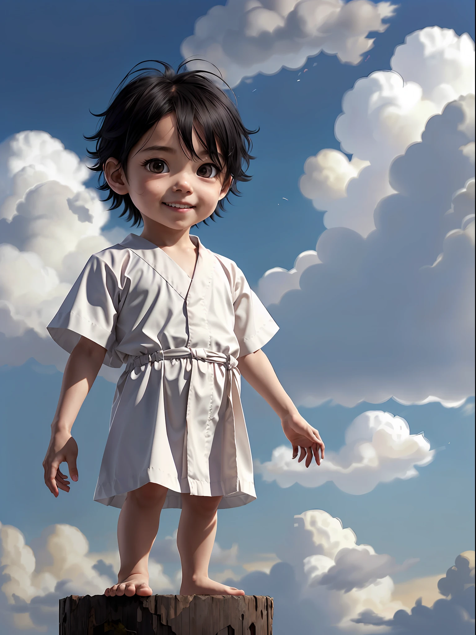 (1boy), solo, _boy, hair(black, messy, long-hair), photo(close-up), little-smile, wearing(long-toga), (FULL BODY, CHIBI), background(heaven, cloud), (blurry_background:1.5), (photorealistic, absurdres, best_quality:1.5),