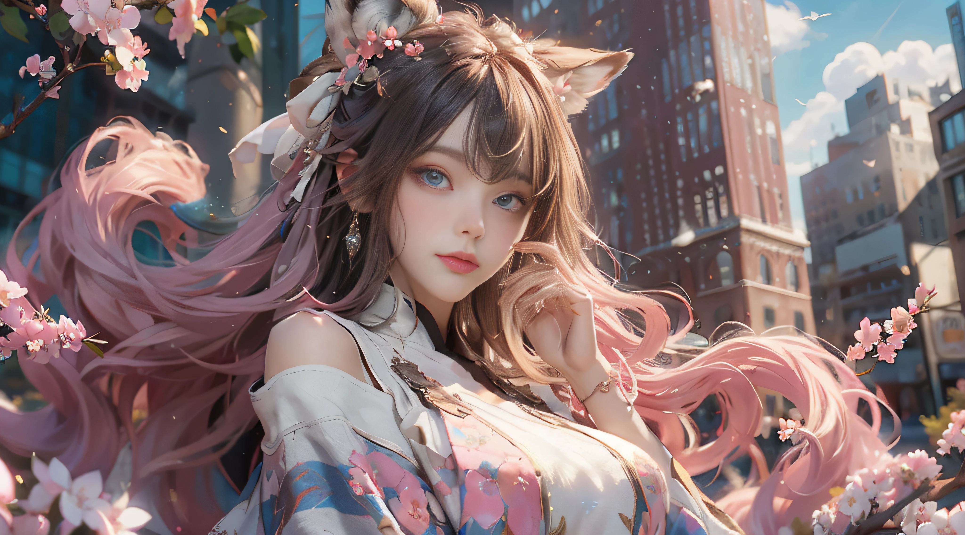 ((best qualtiy)), ((tmasterpiece)), (detail:1.4), Beautiful cyberpunk female images,hdr(HighDynamicRange),Ray traching,NVIDIA RTX,Hyper-Resolution,illusory 5,sub surface scattering,PBR textures,post-proces,Anisotropy Filtering,depth of fields,maximum definition and sharpness,Many-Layer Textures,Albedo e mapas Speculares,Surface coloring,Mitsu-Accurate simulation of material interactions,perfectly proportioned,rendering by octane,Two-colored light,largeaperture,Low ISO,White balance,Rule three points、8K raw data、Beautiful bright blue pupils,off-the-shoulder clothes,Fine pupils,Delicate face and eyes,long eyelasher,Blushlush,Delicate and fluffy hair,pink lip,Pure,Cute face,Sweet girl,Artistic sense,Casual wear,Advancedsense,butterflys,Cherry blossom petal,Beautiful hair accessories,Long hair and waist,Hair fluttering in the wind,Snow-white fox ears,curlies,Snow-white fluffy fox tail