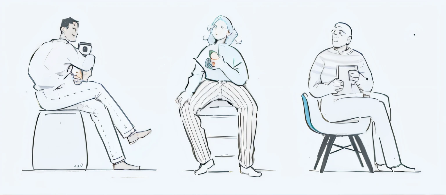 Three people standing in bistros and eating burgers and fries, relaxed poses, multiple poses, poses expressivas, character design for animation, design de personagens animados, diferentes poses, animation illustrative style, character illustrations, some people are sitting, simple illustration, various poses, Linear illustration, sentar-se casualmente, stylised illustration, detailed 2d illustration, character illustration