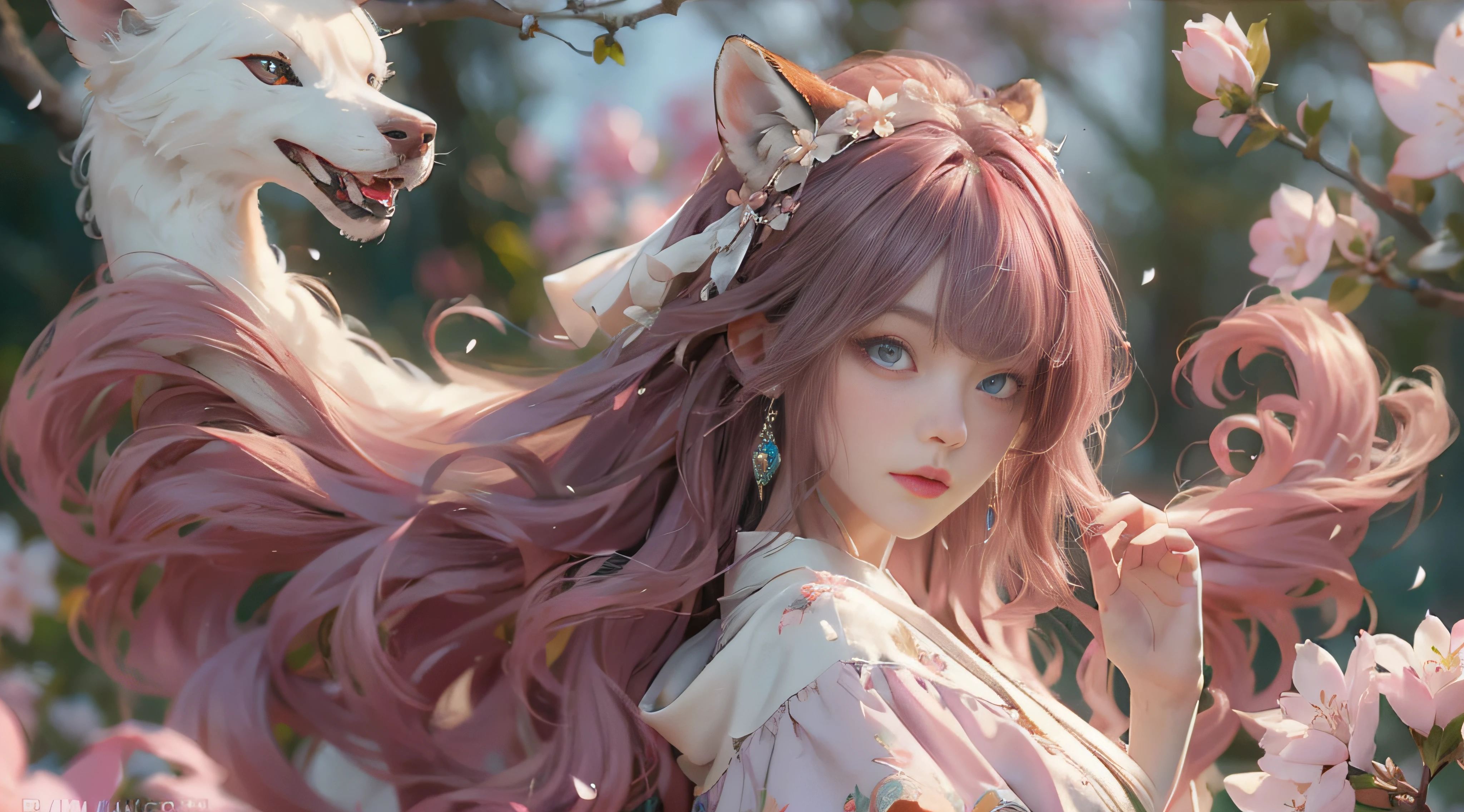 ((best qualtiy)), ((tmasterpiece)), (detail:1.4), Beautiful cyberpunk female images,hdr(HighDynamicRange),Ray traching,NVIDIA RTX,Hyper-Resolution,illusory 5,sub surface scattering,PBR textures,post-proces,Anisotropy Filtering,depth of fields,maximum definition and sharpness,Many-Layer Textures,Albedo e mapas Speculares,Surface coloring,Mitsu-Accurate simulation of material interactions,perfectly proportioned,rendering by octane,Two-colored light,largeaperture,Low ISO,White balance,Rule three points、8K raw data、Beautiful bright blue pupils,off-the-shoulder clothes,Fine pupils,Delicate face and eyes,long eyelasher,Blushlush,Delicate and fluffy hair,pink lip,Pure,Cute face,Sweet girl,Artistic sense,Casual wear,Advancedsense,butterflys,Cherry blossom petal,Beautiful hair accessories,Long hair and waist,Hair fluttering in the wind,Snow-white fox ears,curlies,Snow-white fluffy fox tail