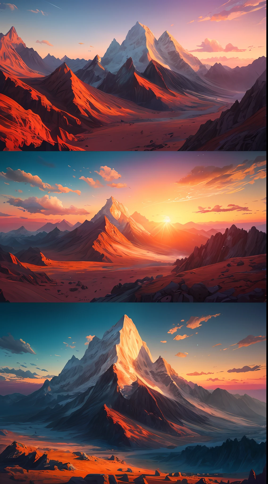 a painting of a mountain with a sunset in the background, 8k stunning artwork, 4k highly detailed digital art, 4k detailed digital art, beautiful art uhd 4 k, 8k high quality detailed art, jen bartel, 8k hd wallpaper digital art, digital artwork 4 k, epic dreamlike fantasy landscape, beeple and mike winkelmann