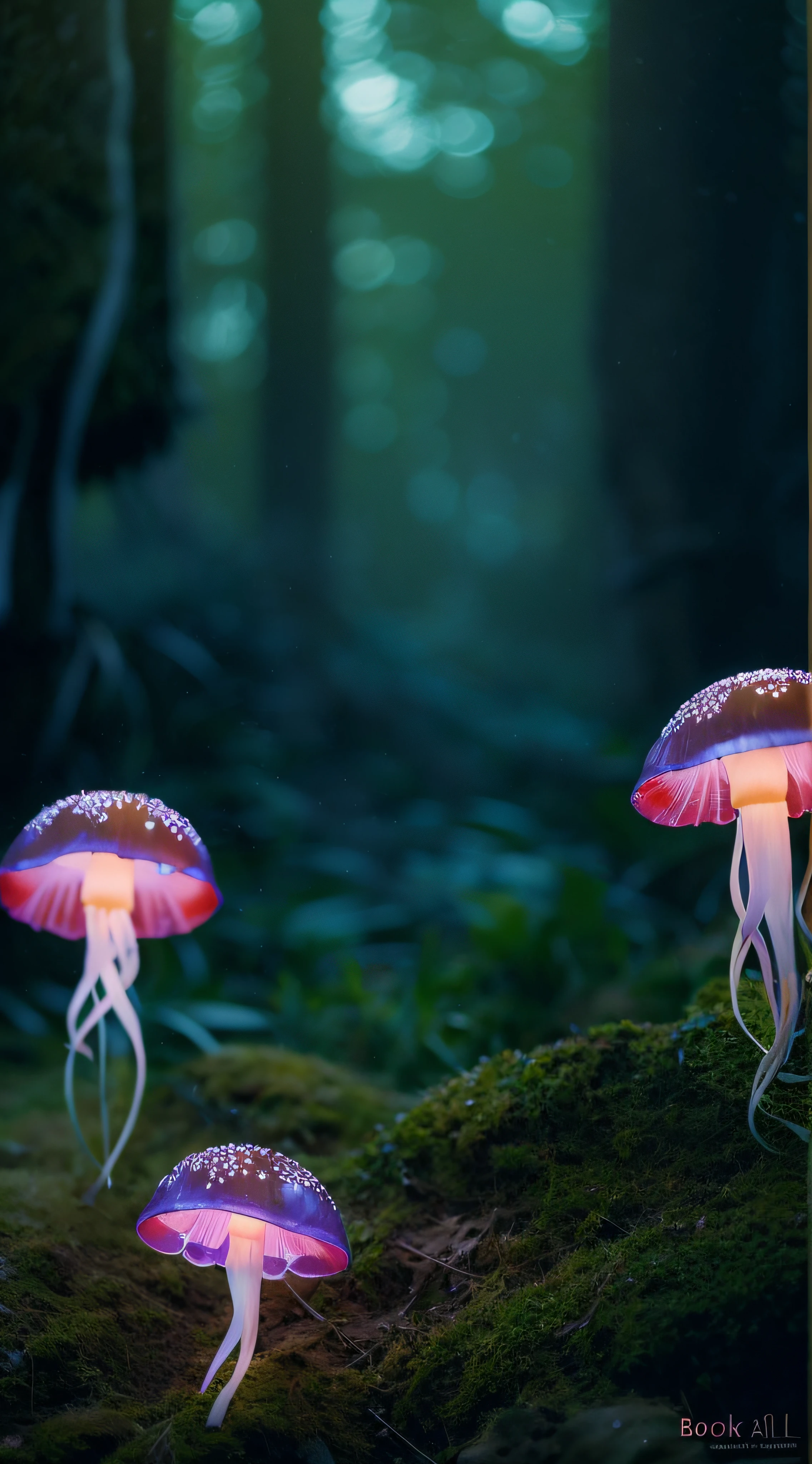 glowing jellyfish mushroom in the forest, hyperrealistic, hyperdetailed, photorealism, bokeh