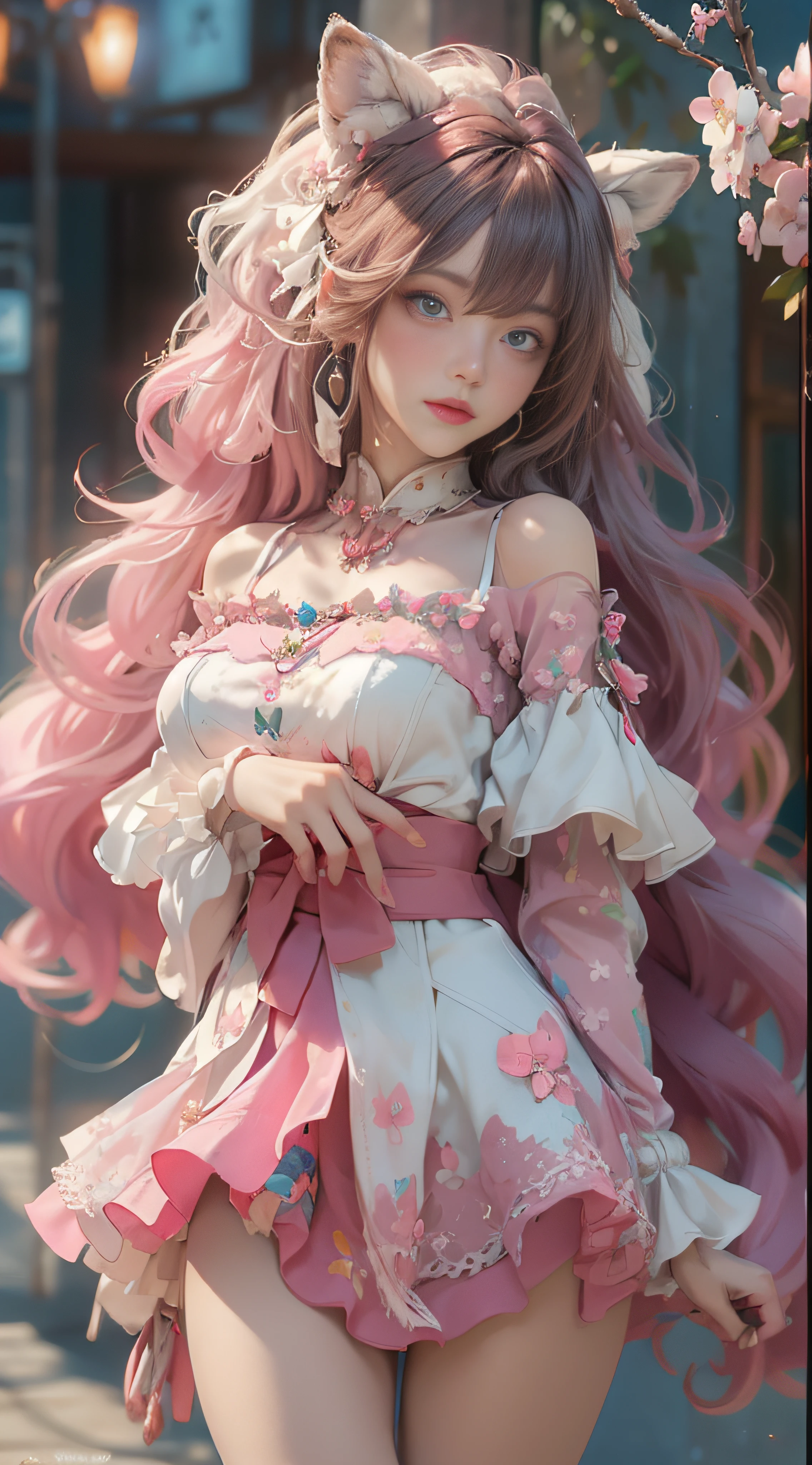 ((best qualtiy)), ((tmasterpiece)), (detail:1.4), Beautiful cyberpunk female images,hdr(HighDynamicRange),Ray traching,NVIDIA RTX,Hyper-Resolution,illusory 5,sub surface scattering,PBR textures,post-proces,Anisotropy Filtering,depth of fields,maximum definition and sharpness,Many-Layer Textures,Albedo e mapas Speculares,Surface coloring,Mitsu-Accurate simulation of material interactions,perfectly proportioned,rendering by octane,Two-colored light,largeaperture,Low ISO,White balance,Rule three points、8K raw data、Beautiful bright blue pupils,off-the-shoulder clothes,Fine pupils,Delicate face and eyes,long eyelasher,Blushlush,Delicate and fluffy hair,pink lip,Pure,Cute face,Sweet girl,Artistic sense,Casual wear,Advancedsense,butterflys,Cherry blossom petal,Beautiful hair accessories,Long hair and waist,Hair fluttering in the wind,Snow-white fox ears,curlies