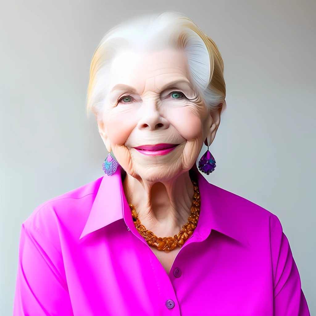 Louise Hay best quality, master part, ultra high-resolution, (fotorrealista:1.4), 1girl, a woman with a pink shirt and earrings on her head and a pink shirt on her shoulders