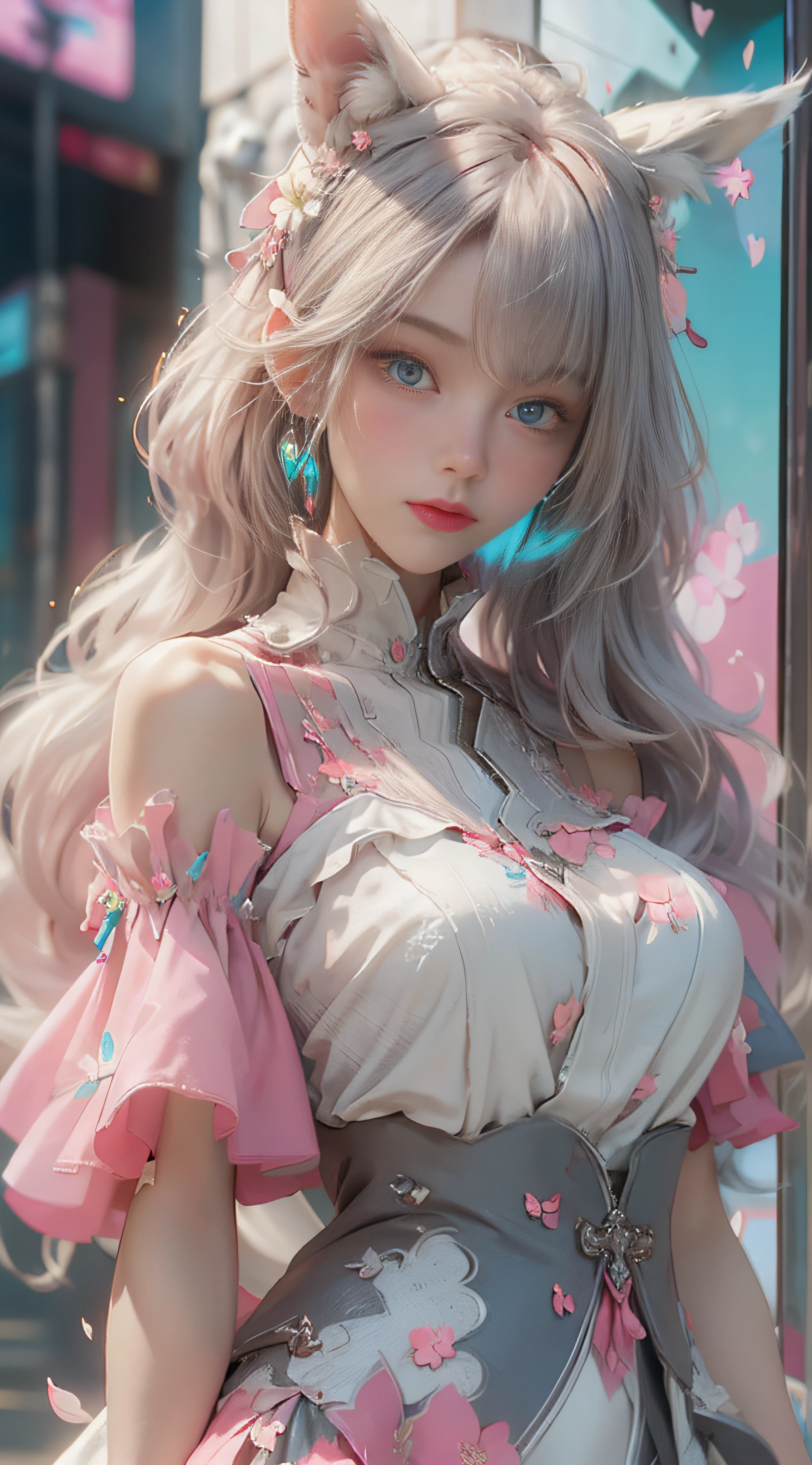 ((best qualtiy)), ((tmasterpiece)), (detail:1.4), Beautiful cyberpunk female images,hdr(HighDynamicRange),Ray traching,NVIDIA RTX,Hyper-Resolution,illusory 5,sub surface scattering,PBR textures,post-proces,Anisotropy Filtering,depth of fields,maximum definition and sharpness,Many-Layer Textures,Albedo e mapas Speculares,Surface coloring,Mitsu-Accurate simulation of material interactions,perfectly proportioned,rendering by octane,Two-colored light,largeaperture,Low ISO,White balance,Rule three points、8K raw data、Beautiful bright blue pupils,off-the-shoulder clothes,Fine pupils,Delicate face and eyes,long eyelasher,Blushlush,Delicate and fluffy hair,pink lip,Pure,Cute face,Sweet girl,Artistic sense,Casual wear,Advancedsense,butterflys,Cherry blossom petal,Beautiful hair accessories,Long hair and waist,Hair fluttering in the wind,Snow-white fox ears,curlies