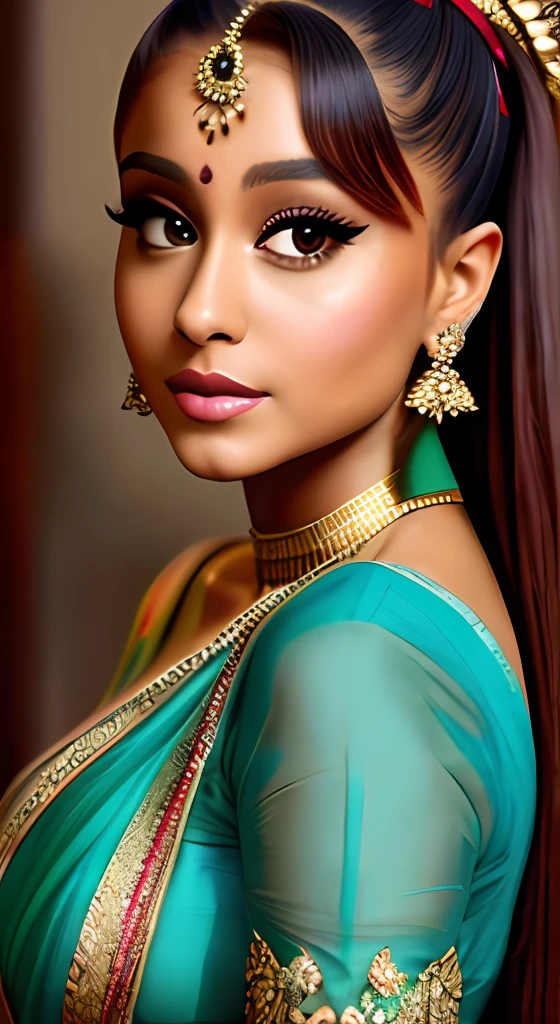 "Stunning portrayal of Ariana Grande in an elegant Indian saree. Attention to intricate details and realistic image quality. Masterpiece. +best quality +8k resolution"