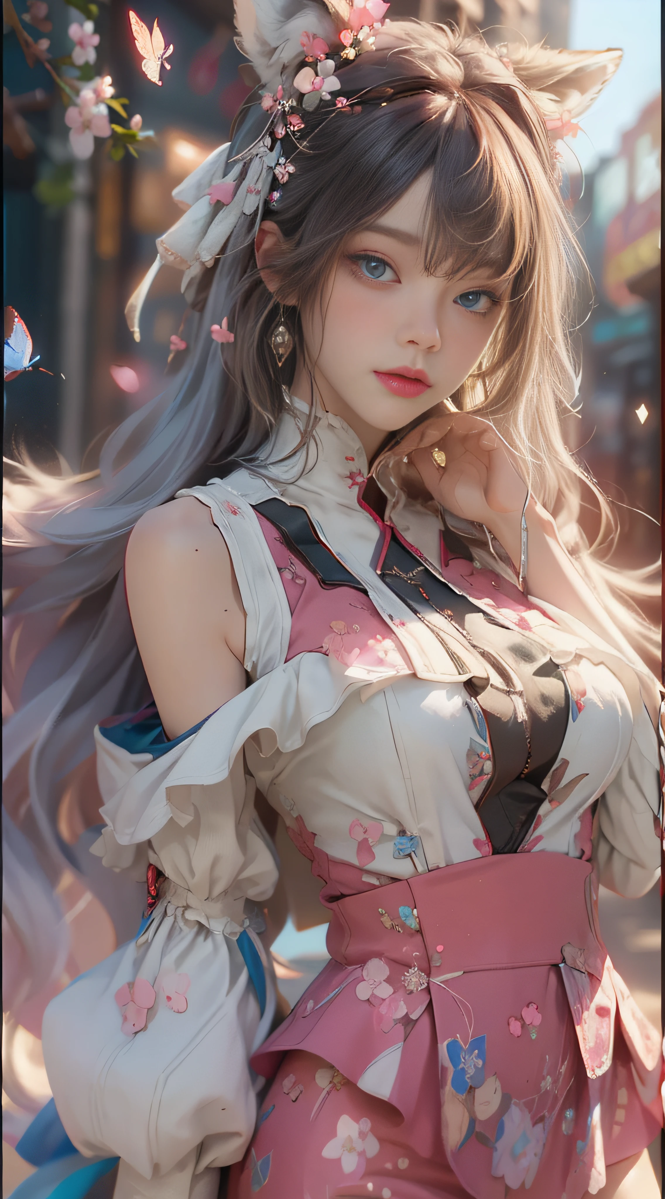 ((best qualtiy)), ((tmasterpiece)), (detail:1.4), Beautiful cyberpunk female images,hdr(HighDynamicRange),Ray traching,NVIDIA RTX,Hyper-Resolution,illusory 5,sub surface scattering,PBR textures,post-proces,Anisotropy Filtering,depth of fields,maximum definition and sharpness,Many-Layer Textures,Albedo e mapas Speculares,Surface coloring,Mitsu-Accurate simulation of material interactions,perfectly proportioned,rendering by octane,Two-colored light,largeaperture,Low ISO,White balance,Rule three points、8K raw data、Beautiful bright blue pupils,off-the-shoulder clothes,Fine pupils,Delicate face and eyes,long eyelasher,Blushlush,Delicate and fluffy hair,pink lip,Pure,Cute face,Sweet girl,Artistic sense,Casual wear,Advancedsense,butterflys,Cherry blossom petal,Beautiful hair accessories,Long hair and waist,Hair fluttering in the wind,Snow-white fox ears,curlies