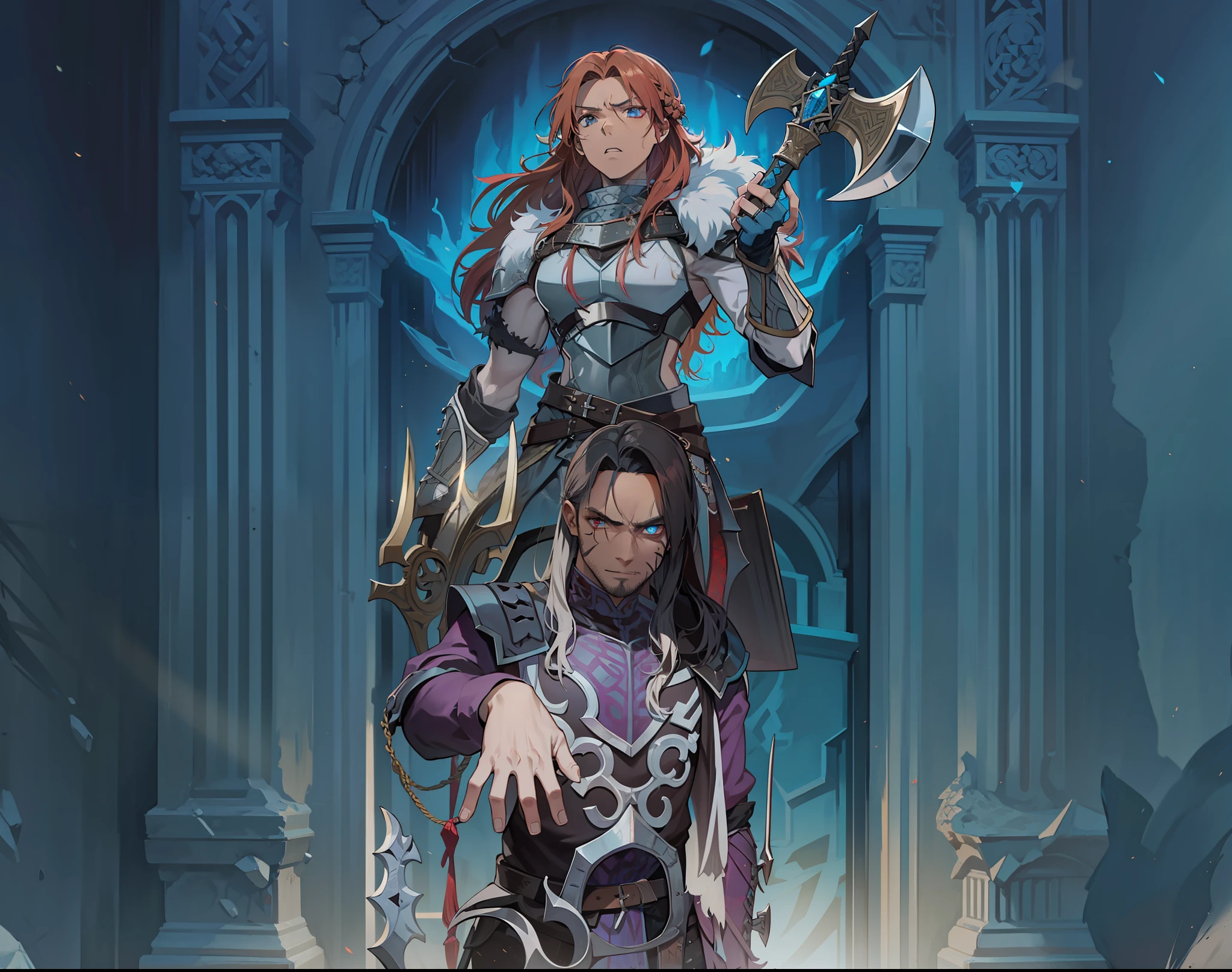 Brown-skinned Necromancer Man and Raging Nordic Viking Warrior at an Ice Gate Ghost Dark Fantasy Dark Lighting 8k