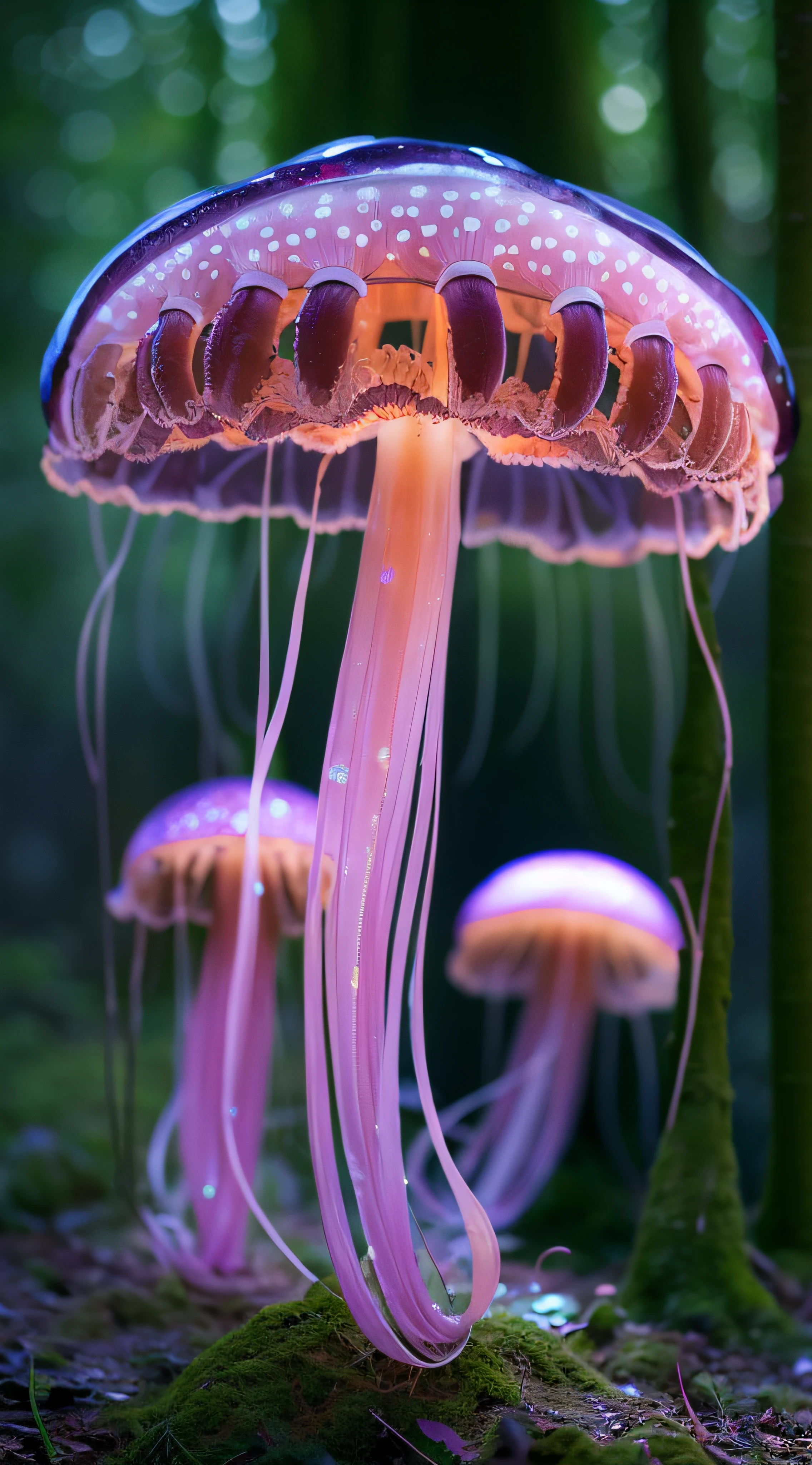glowing jellyfish mushroom in the forest, hyperrealistic, hyperdetailed, photorealism, bokeh