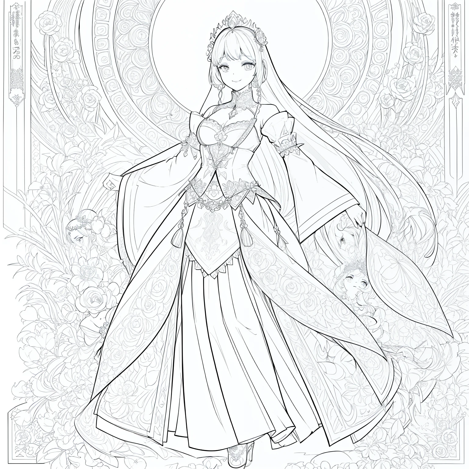 ink drawing art illustration coloring page of girl with skirt dance, white hair, wear a princess dress, highly detailed hair, face happiness, clean line art, highly detailed, art station, wearing the flora crown, concept art, sharp focus, illustration, beautiful eyes, free lines, character sheet, 8k, full body length, master peace, Rose and flowers background, highly detailed, art station, concept art, sharp focus, illustration, free lines, on paper, character sheet, 32k, Full body, white background