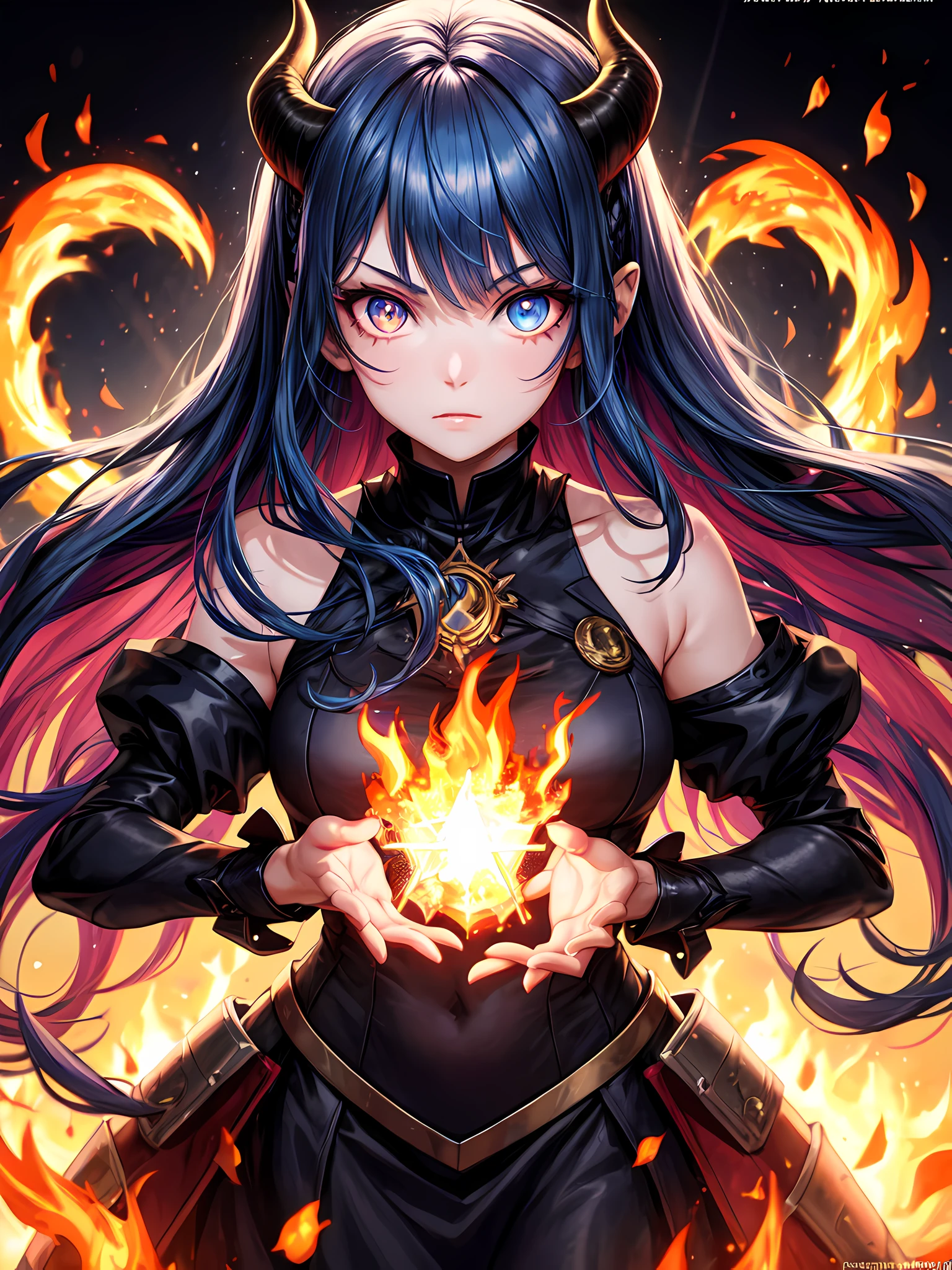 1girl, blue hair, fire horns, multicolored eyes, glowing, blue eye, purple eye, bare shoulders, demon eyes, fire magic circle, light particles, light rays, wallpaper