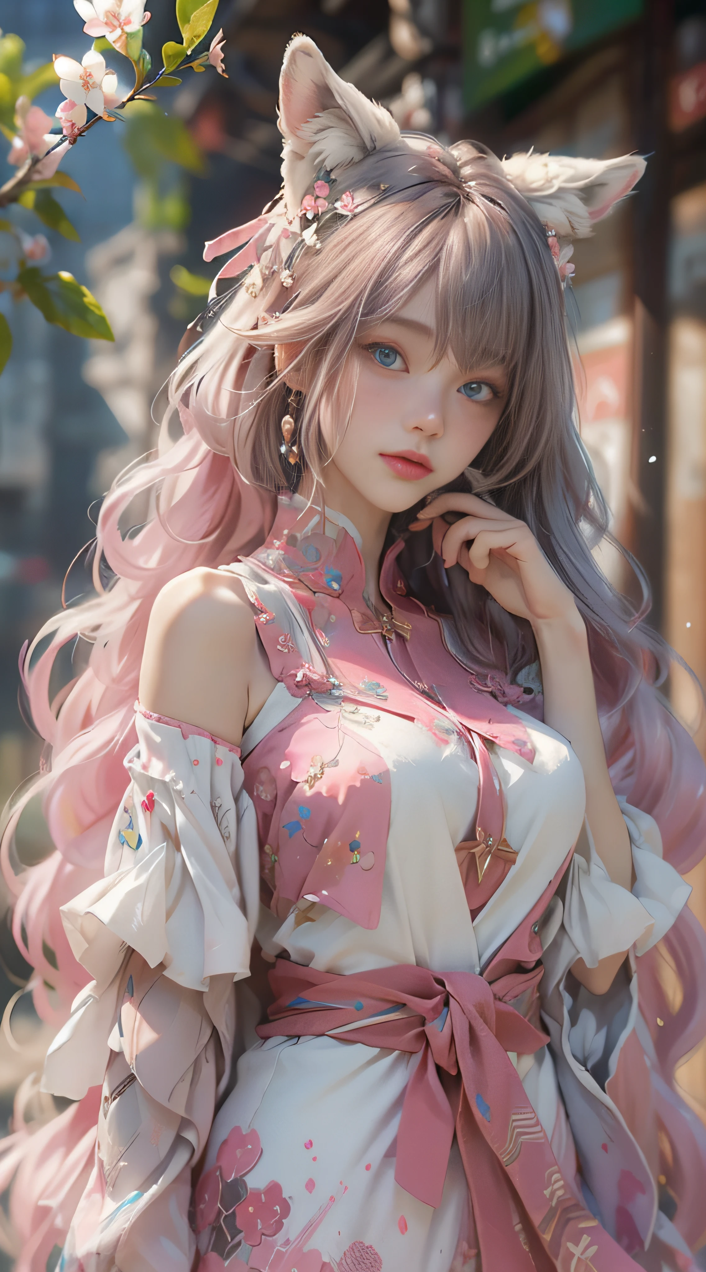((best qualtiy)), ((tmasterpiece)), (detail:1.4), Beautiful cyberpunk female images,hdr(HighDynamicRange),Ray traching,NVIDIA RTX,Hyper-Resolution,illusory 5,sub surface scattering,PBR textures,post-proces,Anisotropy Filtering,depth of fields,maximum definition and sharpness,Many-Layer Textures,Albedo e mapas Speculares,Surface coloring,Mitsu-Accurate simulation of material interactions,perfectly proportioned,rendering by octane,Two-colored light,largeaperture,Low ISO,White balance,Rule three points、8K raw data、Beautiful bright blue pupils,off-the-shoulder clothes,Fine pupils,Delicate face and eyes,long eyelasher,Blushlush,Delicate and fluffy hair,pink lip,Pure,Cute face,Sweet girl,Artistic sense,Casual wear,Advancedsense,butterflys,Cherry blossom petal,Beautiful hair accessories,Long hair and waist,Hair fluttering in the wind,Snow-white fox ears,curlies,Lots of white and pink,Complicated details