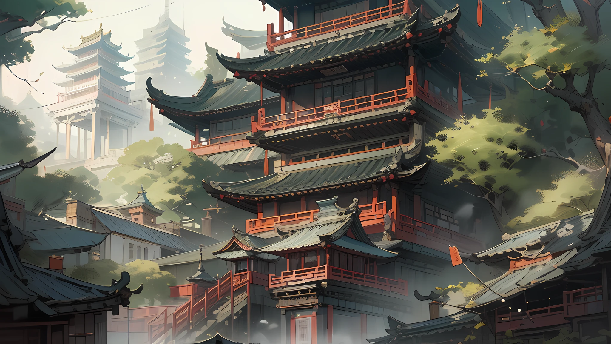 (((Masterpiece))),(((Best quality))),(((Amazing detail))),((illustration)),((A high resolution)),((8K)),Chinese painting,Ink painting,chinese traditional architecture,Chinese-style architecture,Chinese Ancient Architecture,Dreamy,Divine,flat,temples,Wide shot,From below, f/1.8,Chiaroscuro, Depth of field,