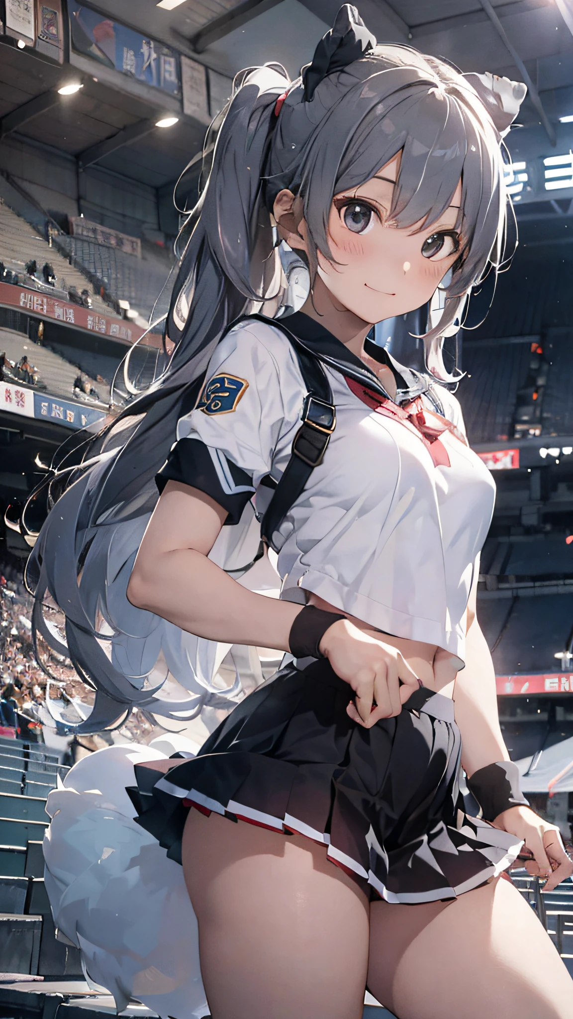 Ala Fed Asian cheerleader posing dynamically with large pom-poms in both hands in stadium、a closeup、cosplay foto、Anime Cosplay、tiny chest、Raw photography, top-quality, hight resolution, (masterpiece), (Photorealsitic:1.4), professional photograpy, foco nítido, nffsw, 8K分辨率, intricate detailes, depth of fields, the Extremely Detailed CG Unity 8K Wallpapers, front lit, girl with, beautiful supermodel, A smile、A slender、(Beautiful gray twin tail hair:1.3)、Korean style uniform、Peeking from below、(skinny thigh)、I see underwear、Wearing a sun visor on the head、