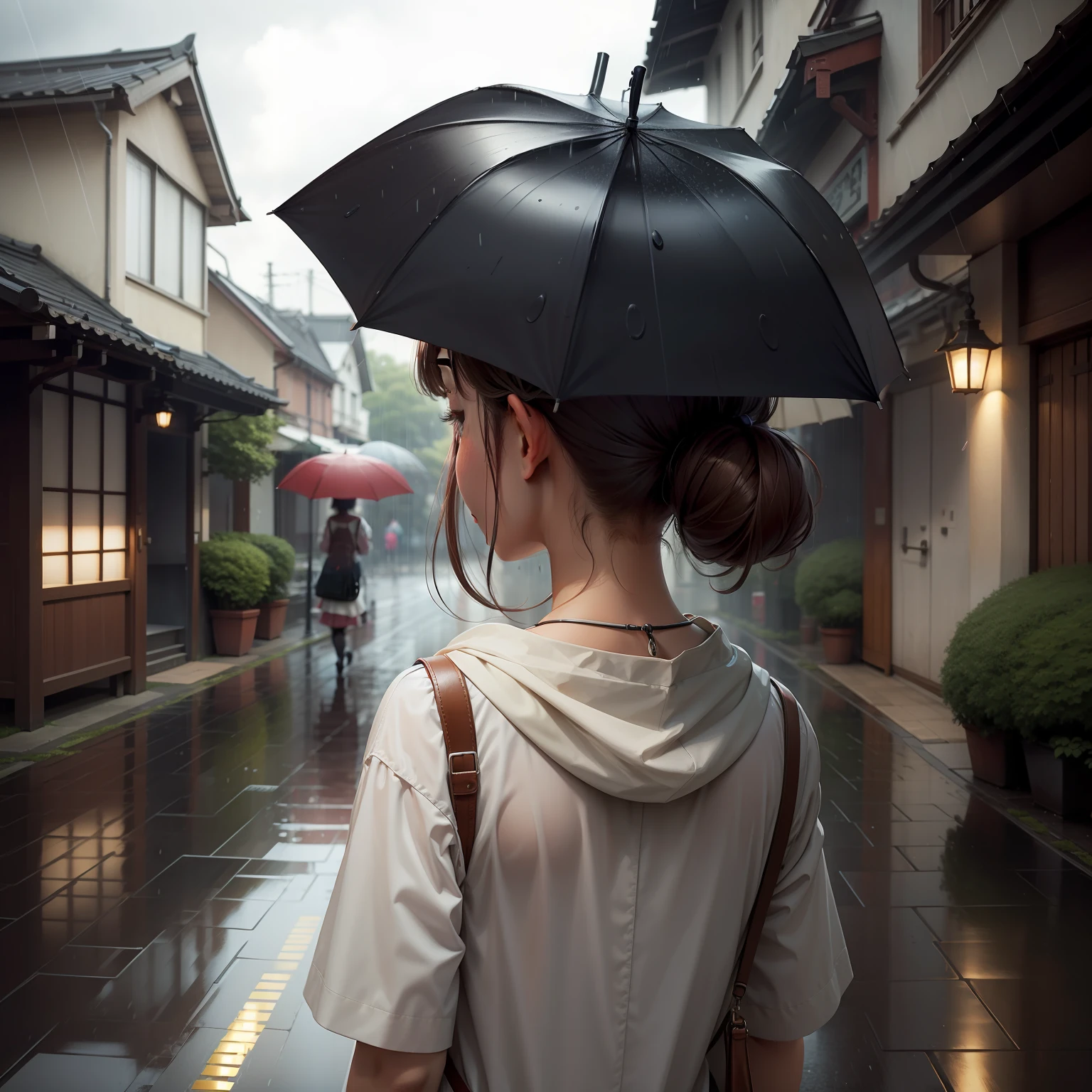 under the rain、Behind the back of a girl holding an umbrella