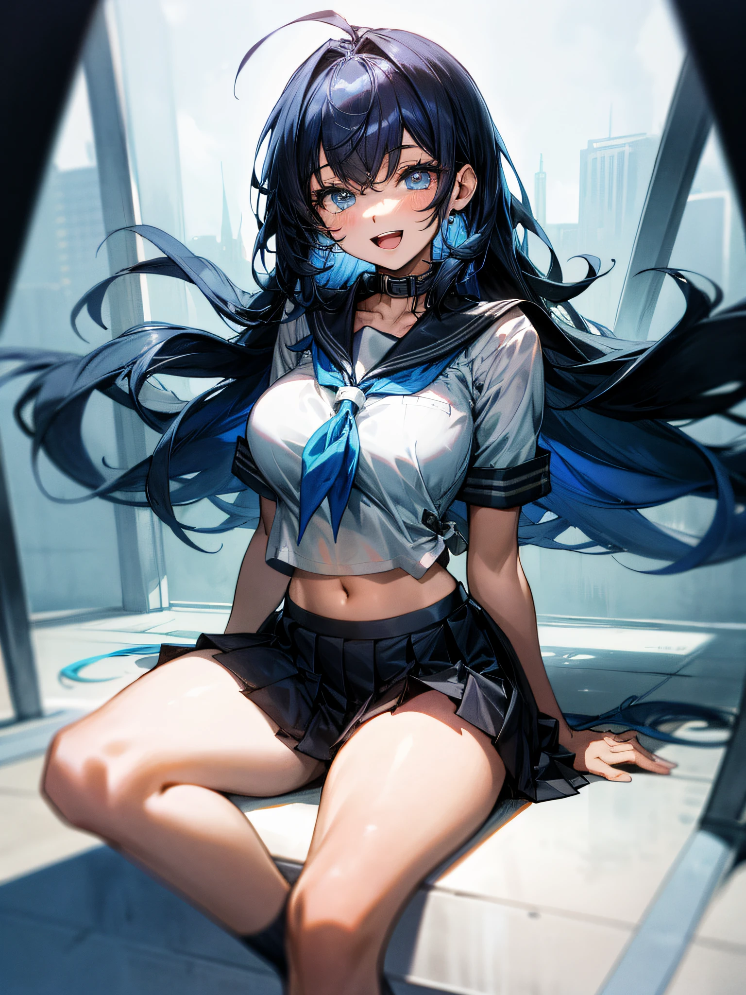 1girll, sitting down on the floor, Place your phone to your ear, Blowing hair, Long hair, blue color eyes,Shining eyes,Detailed eyes,Skirt, Solo, upper legs, Sailor school uniform, navel, Pleated skirt, midriff, Blue eyes, White shirt, Collar, Smile, Medium breasts, view the viewer, Open mouth,,Large breasts,