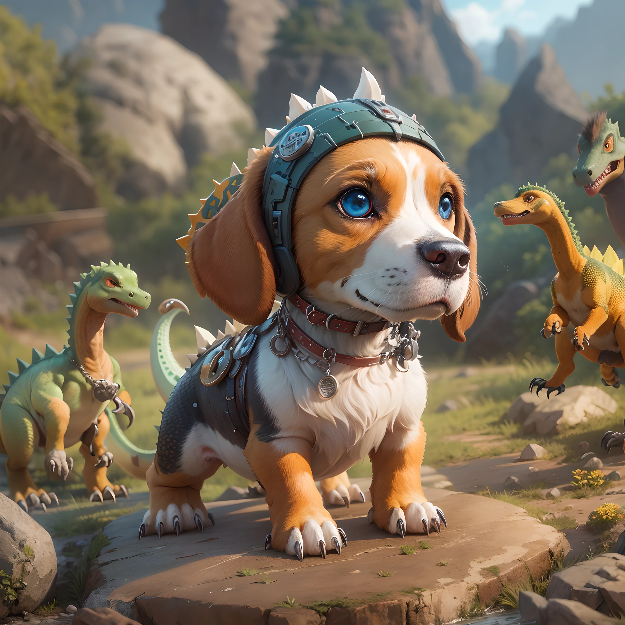 Cute Beagle, masterpiece, Random color, Clear skin, Decoration of dinosaur horns on the head, Fur necklace decoration, Clear primitive background, Including vivid baby dinosaurs, (Best Illustration), (super detailed CG), ultra-definition, 8k, hoog detail, High Quality, HDR, unreal-engine, Octane rendering, The ultra-Highres, high quality background, acrylic painting, Without background blur