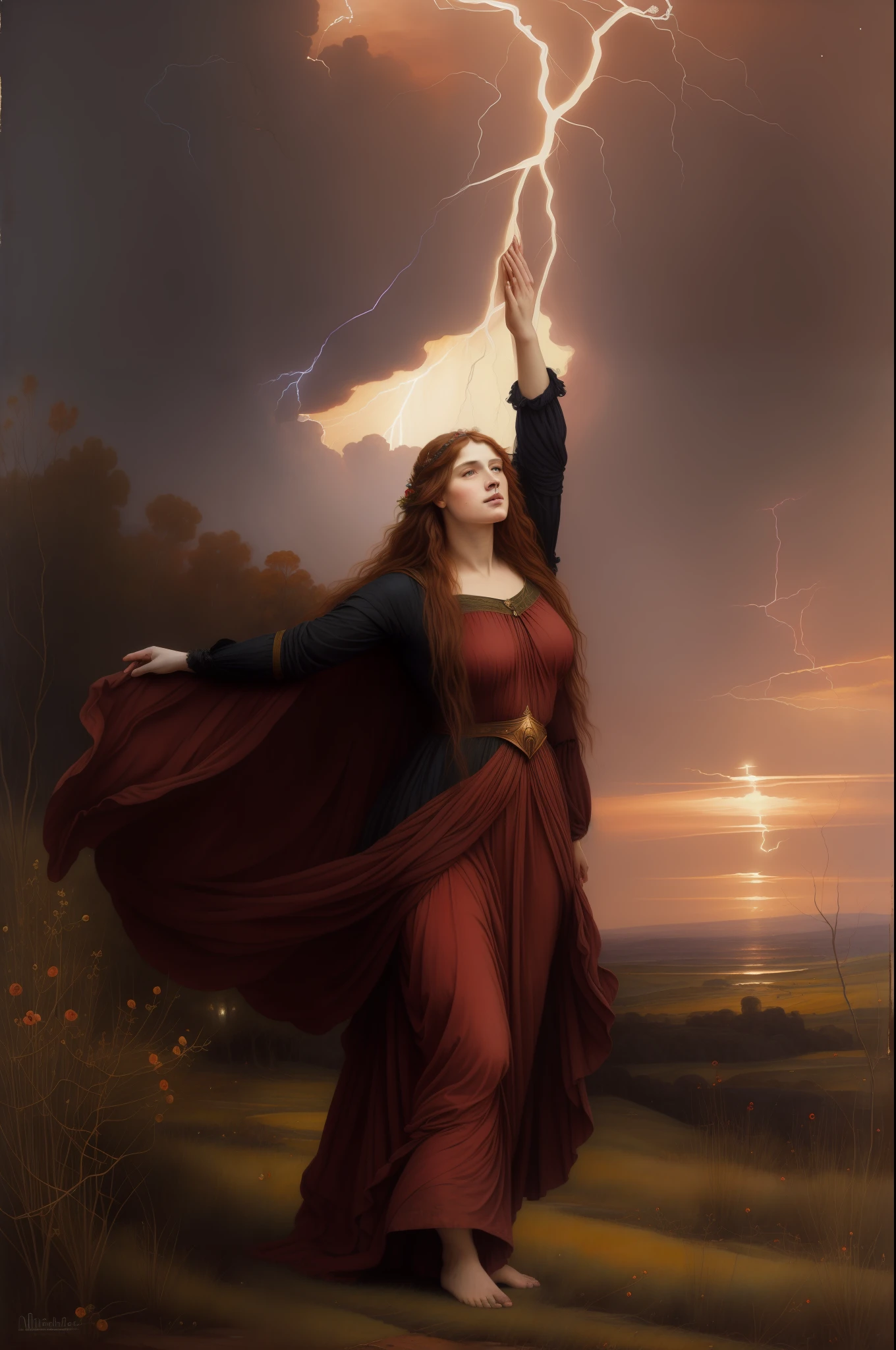(((Pre Raphaelie Painting))) nuvens de tempestade, A druid in worship with arms raised to heaven, cabelos castanhos, espinheiro negro, Lightning crosses the sky, predominance of red tones, Vermilion, enxofre, mistborn, neblina, cena misteriosa