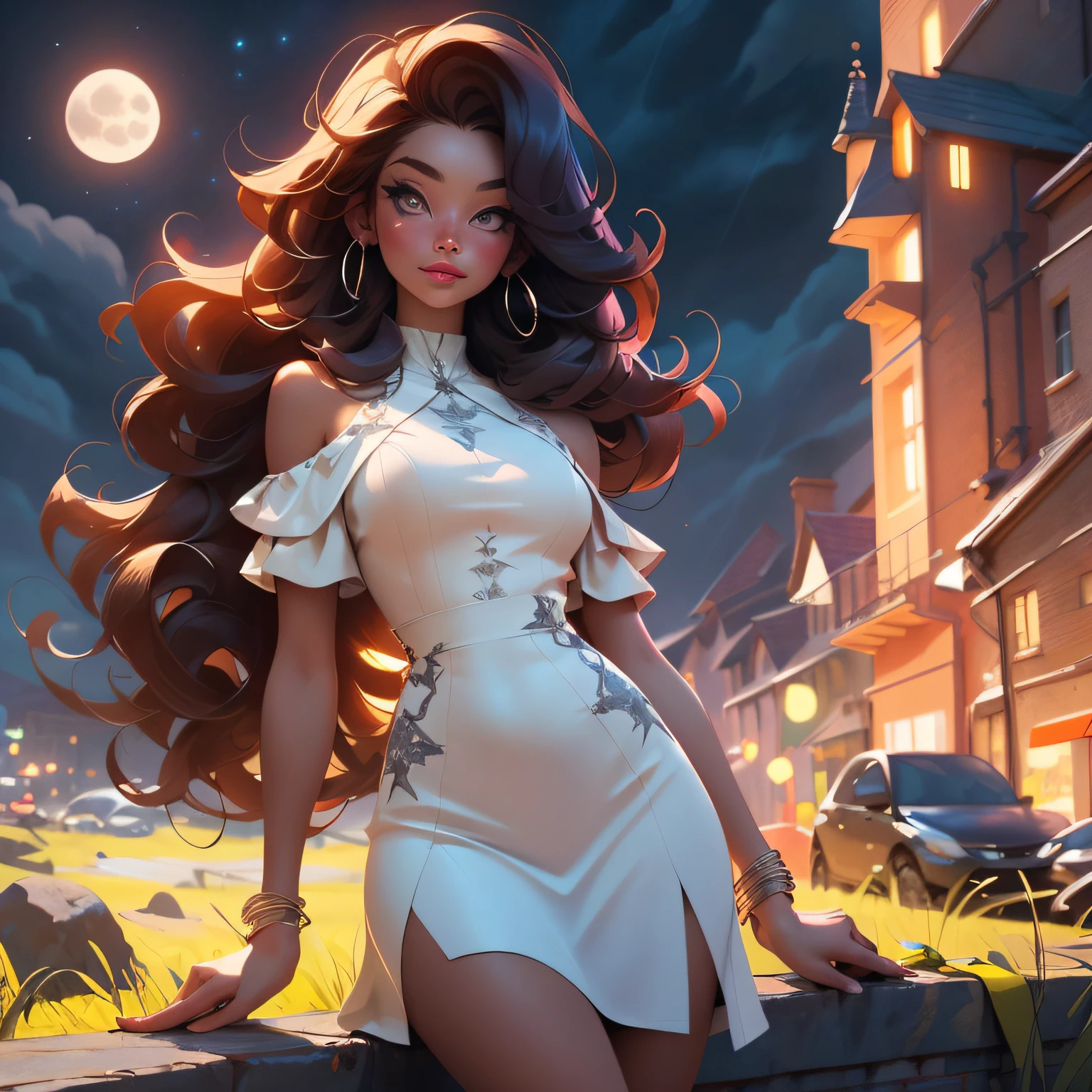 sexy girl, massy long curly hair, wearing frock, dark moody, cloudy sky, full of moon in sky Realistic, beautiful, natural lightning, 8k, illustrator, masterpiece, high quality, 8k, high resolution, high detailed, high detailed body