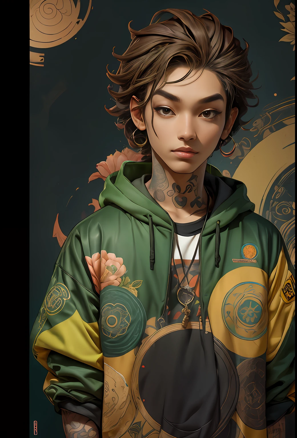 verde: 1.5, : 1.1, branco: 1.3, amarelo: 1.3, (rapper com cabelo pavor), tatuagens, (roupas puffer do poder: 1.2), flores, folhas, mistborn, linhas, background circles