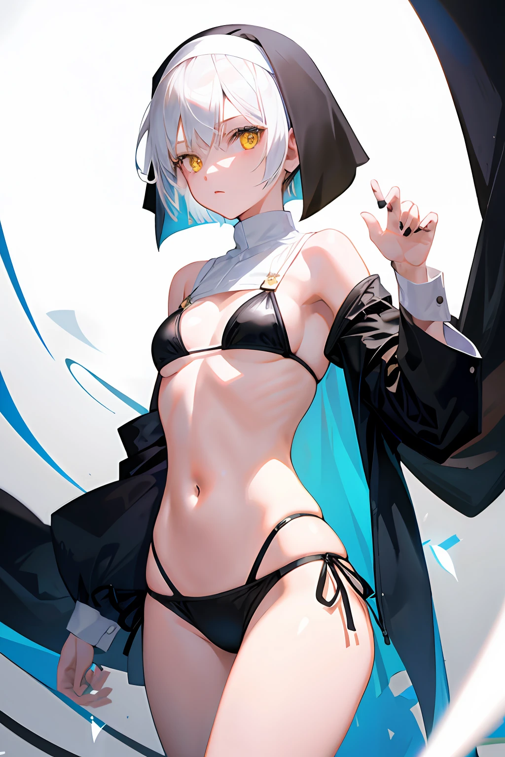 1girl, solo, white hair, short hair, undercut, yellow eyes, nun in small Bikini
