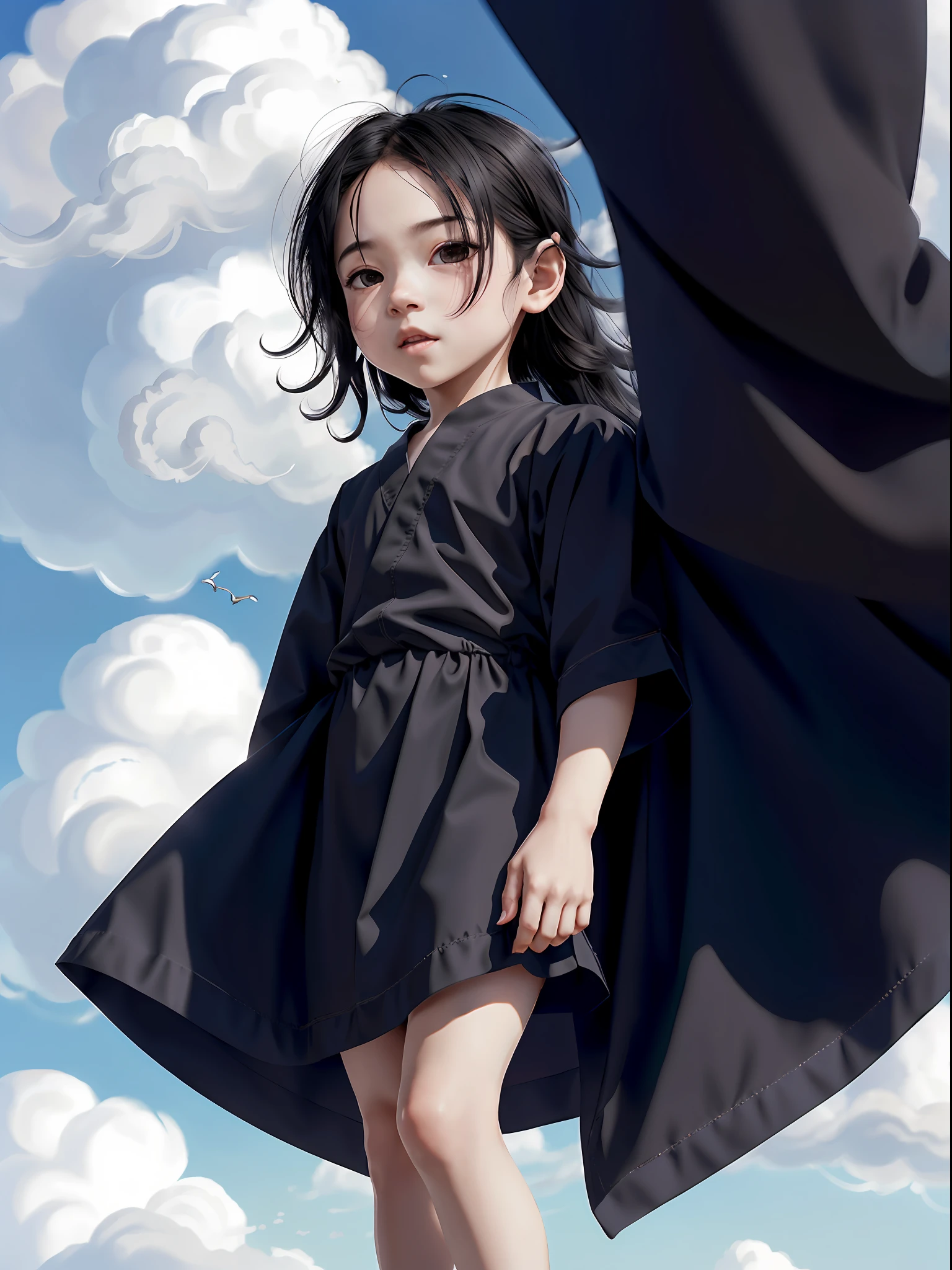 (1boy), solo, _boy, hair(black, long-hair:1.3), photo(close-up), wearing(long-toga), (FULL BODY, CHIBI), background(heaven, cloud), (blurry_background:1.5), (photorealistic, absurdres, best_quality:1.5),