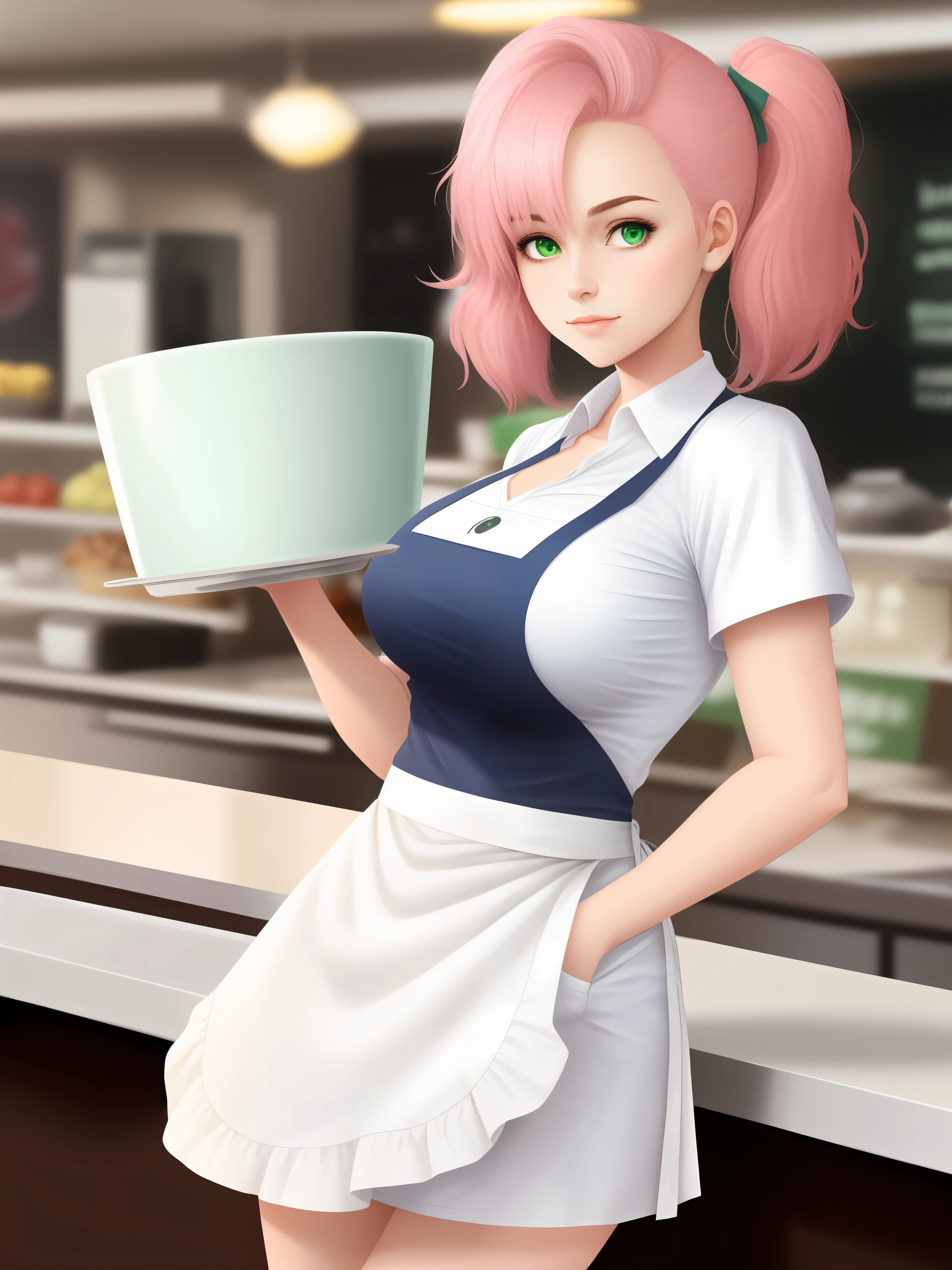 Best quality, 1girll, Adult, Pink hair, Medium hair, pony tails, Green eyes, Waitress, huge boob,White shirt, Blue skirt, Blue ribbon, White apron, waistup_aprons, short_Sleeves