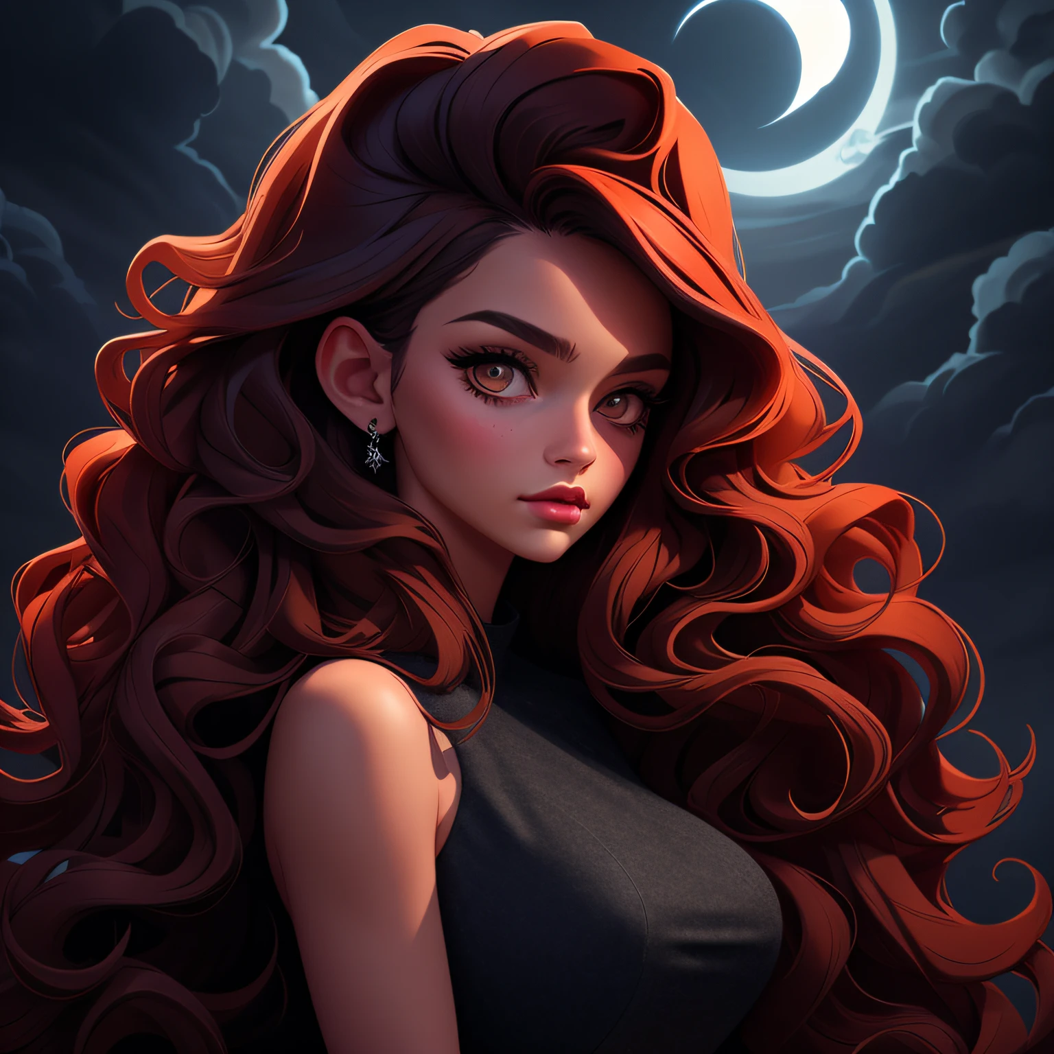 sexy girl, massy long curly hair, wearing frock, dark moody, cloudy sky, full of moon in sky Realistic, beautiful, natural lightning, 8k, illustrator, masterpiece, high quality, 8k, high resolution, high detailed, high detailed body