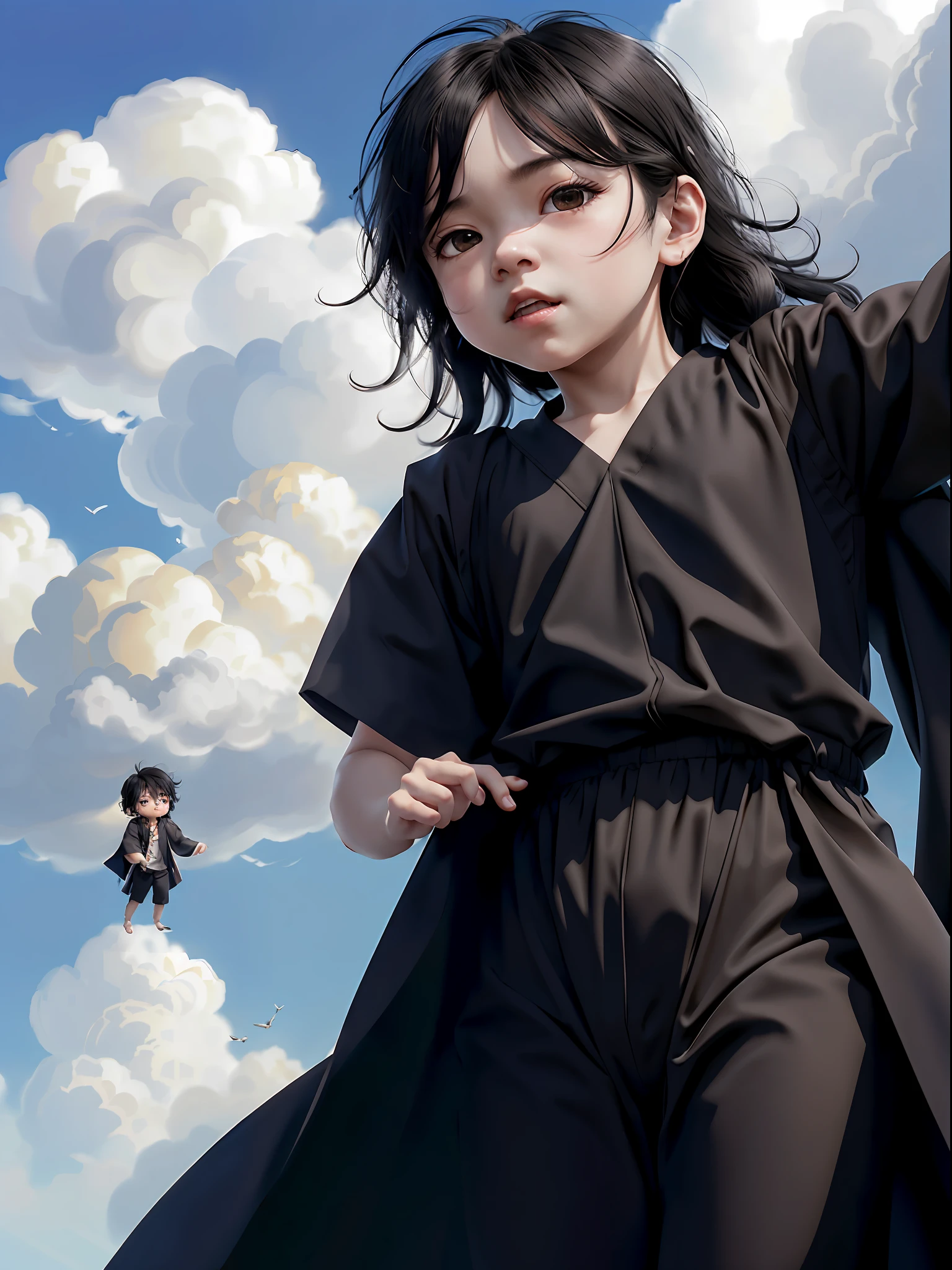 (1boy), solo, 3yo_boy, hair(black, long-hair:1.3), photo(close-up), wearing(long-toga), (FULL BODY, CHIBI), background(heaven, cloud), (blurry_background:1.5), (photorealistic, absurdres, best_quality:1.5),