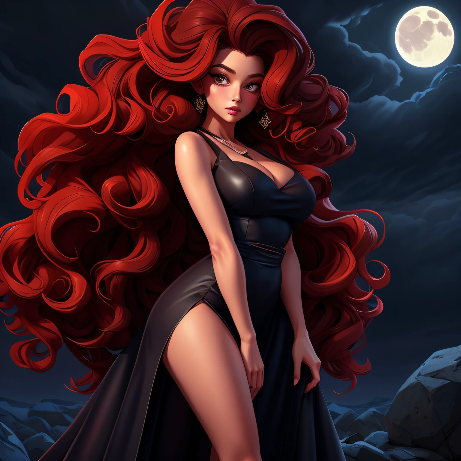sexy girl, massy long curly hair, wearing frock, dark moody, cloudy sky, full of moon in sky Realistic, beautiful, natural lightning, 8k, illustrator, masterpiece, high quality, 8k, high resolution, high detailed, high detailed body