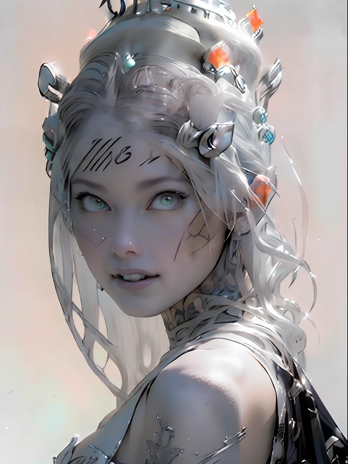 Ultra-detailed complex 3D rendering of the face, (masterpiece, top quality, octane rendering,), glamour shots full body image, very beautiful young elves, cleavage, (highly detailed skin: 1.2), (exposure: 1.1), ((blue micro bikini: 1.95)))). , 8k, (((very soft breasts)), (((conspicuous large pink areola)), beautiful Caucasian woman with white skin with full soft breasts with big buttocks, one, long braided hair, big breasts, dynamic angles, (((huge breasts: 2.4)), ultra-realistic photos, ((((((silver hair)))), futuristic urban background, facial muscles, (((((detailed and glamorous silver crown)))), In the style of Marvel Comics, ArtStation Trends, Clear Focus, Intricate Details, Very Detailed, Detailed Green Eyes, Sharp Focus, Digital Rendering, Professional, Abs, Lip Gloss, Glossy Skin, Sexy Pose, Golden Tattoo All Over Body, Silver Pattern All Over Body, Silver Lame Skin, Gold Glitter Skin, Mansuji, Buttocks, Jeweled All Over the Body, with silver scales, silver hair,