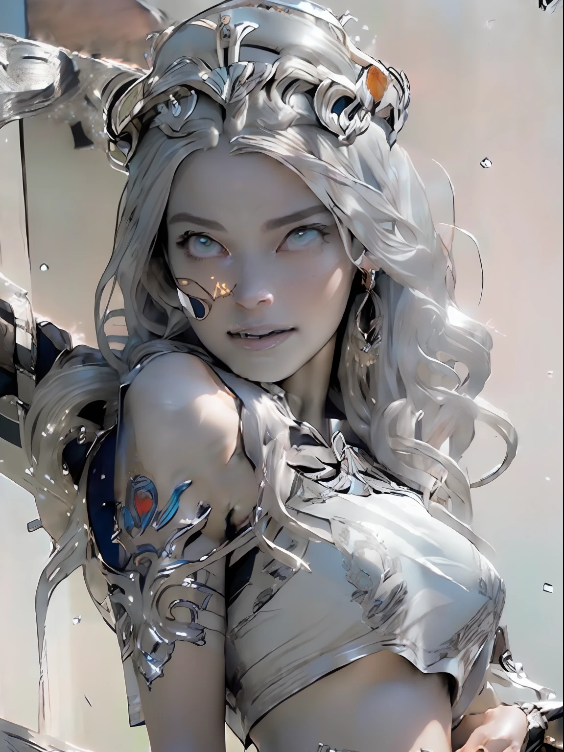 Ultra-detailed complex 3D rendering of the face, (masterpiece, top quality, octane rendering,), glamour shots full body image, very beautiful young elves, cleavage, (highly detailed skin: 1.2), (exposure: 1.1), ((blue micro bikini: 1.95)))). , 8k, (((very soft breasts)), (((conspicuous large pink areola)), beautiful Caucasian woman with white skin with full soft breasts with big buttocks, one, long braided hair, big breasts, dynamic angles, (((huge breasts: 2.4)), ultra-realistic photos, ((((((silver hair)))), futuristic urban background, facial muscles, (((((detailed and glamorous silver crown)))), In the style of Marvel Comics, ArtStation Trends, Clear Focus, Intricate Details, Very Detailed, Detailed Green Eyes, Sharp Focus, Digital Rendering, Professional, Abs, Lip Gloss, Glossy Skin, Sexy Pose, Golden Tattoo All Over Body, Silver Pattern All Over Body, Silver Lame Skin, Gold Glitter Skin, Mansuji, Buttocks, Jeweled All Over the Body, with silver scales, silver hair,