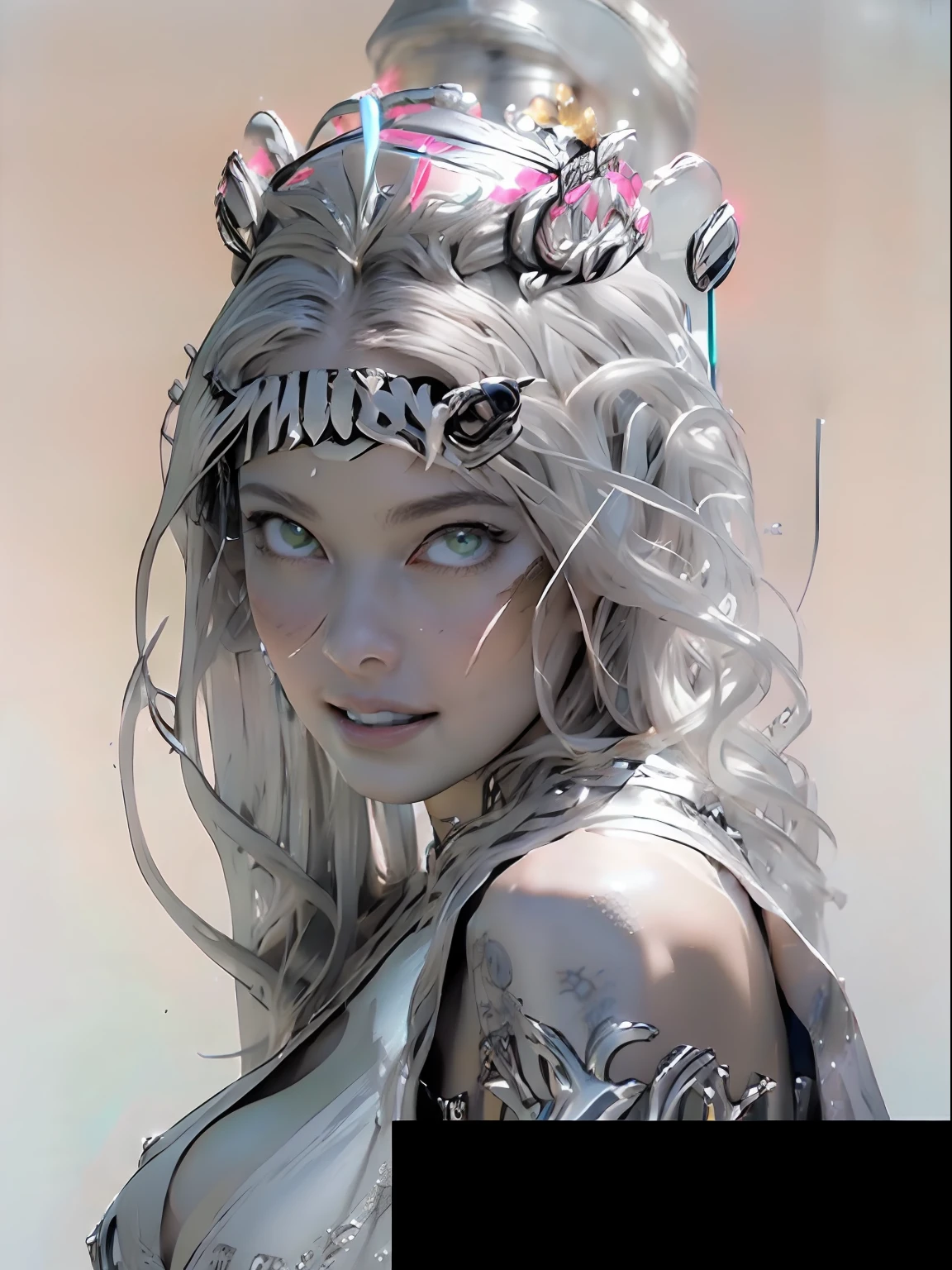 Ultra-detailed complex 3D rendering of the face, (masterpiece, top quality, octane rendering,), glamour shots full body image, very beautiful young elves, cleavage, (highly detailed skin: 1.2), (exposure: 1.1), ((blue micro bikini: 1.95)))). , 8k, (((very soft breasts)), (((conspicuous large pink areola)), beautiful Caucasian woman with white skin with full soft breasts with big buttocks, one, long braided hair, big breasts, dynamic angles, (((huge breasts: 2.4)), ultra-realistic photos, ((((((silver hair)))), futuristic urban background, facial muscles, (((((detailed and glamorous silver crown)))), In the style of Marvel Comics, ArtStation Trends, Clear Focus, Intricate Details, Very Detailed, Detailed Green Eyes, Sharp Focus, Digital Rendering, Professional, Abs, Lip Gloss, Glossy Skin, Sexy Pose, Golden Tattoo All Over Body, Silver Pattern All Over Body, Silver Lame Skin, Gold Glitter Skin, Mansuji, Buttocks, Jeweled All Over the Body, with silver scales, silver hair,