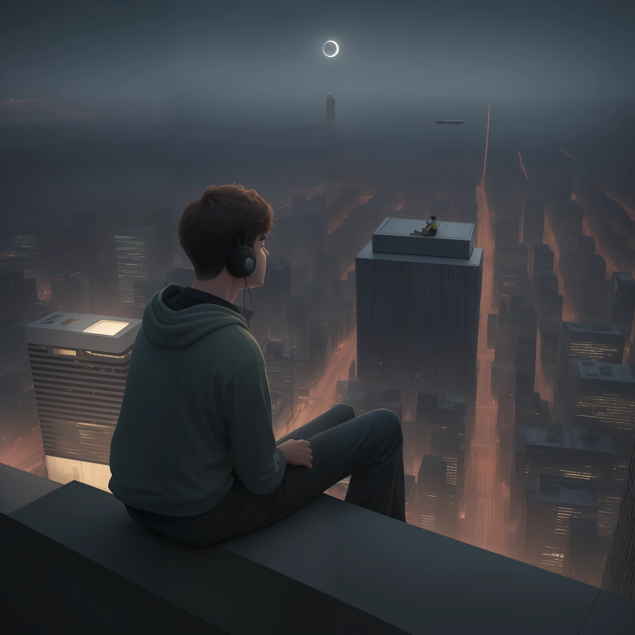 A 16 year old boy sit on the top of the building and seeing city,ultra realistic,full hd,24k, a cat sitting near boy, he listen music through earphone, night moon light
