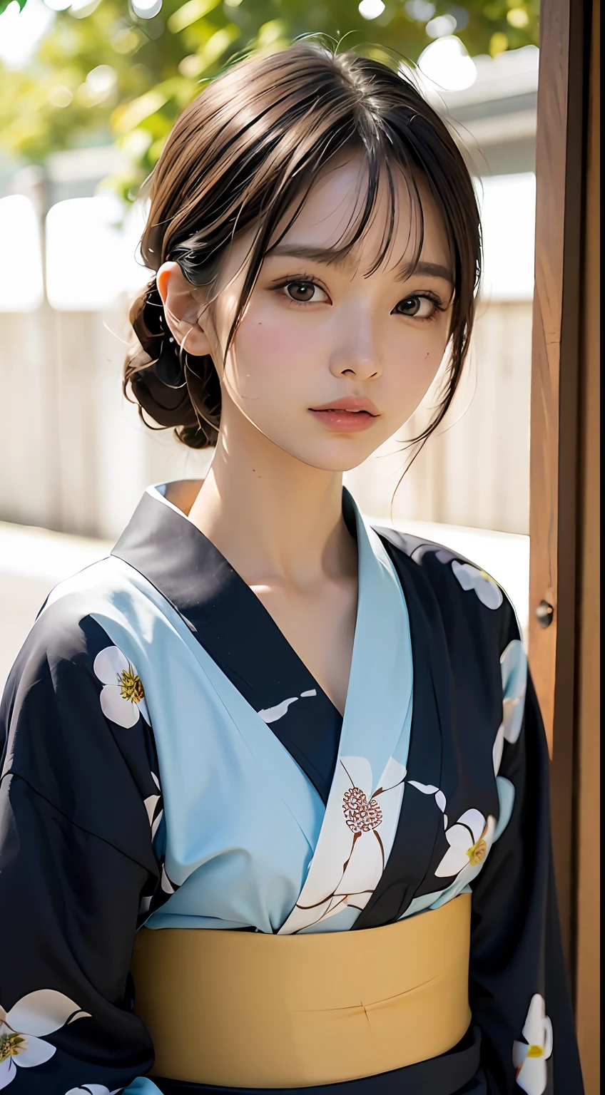 (masutepiece, Best Quality:1.4), Beautiful face, 8K, 85 mm, absurderes, (floral pattern yukata:1.4), close up of face, violaceaess, gardeniass, Delicate girl, Solo, Night, Looking at Viewer, Upper body, Film grain, chromatic abberation, Sharp Focus, face lights, Professional Lighting, Sophisticated, (Smile:0.4), (Simple background, Bokeh background:1.2), Detail Face