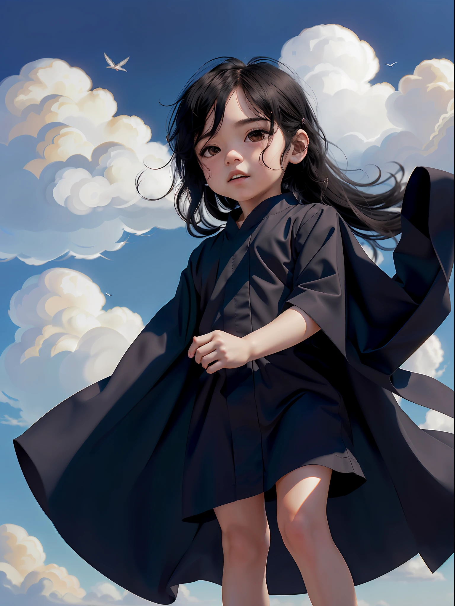 (1boy), solo, _boy, hair(black, long-hair:1.3), photo(close-up), wearing(long-toga), (FULL BODY, CHIBI), background(heaven, cloud), (blurry_background:1.5), (photorealistic, absurdres, best_quality:1.5),