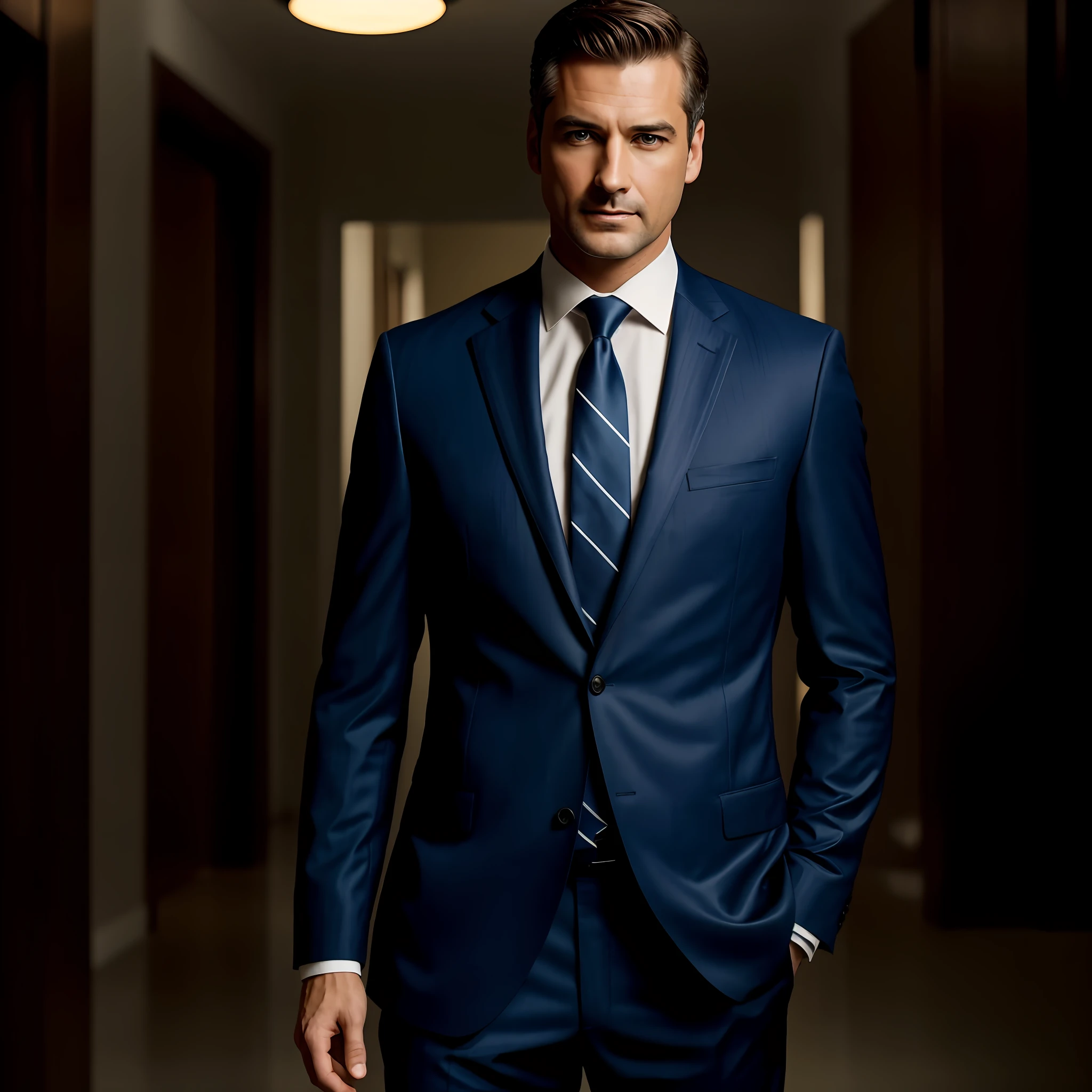a Man standing with 30 years in suit and tie, body and head straight in the photo, facing the viewer of the photo, eyes fixed to the lens, appears shoulders and head in the photo, man centered in the photo, 8k, best quality, masterpiece, realistic, realistic photo, movie photo, ultra realistic, 1 person, detailed, perfect lighting, DSRL, professional photo, 4k