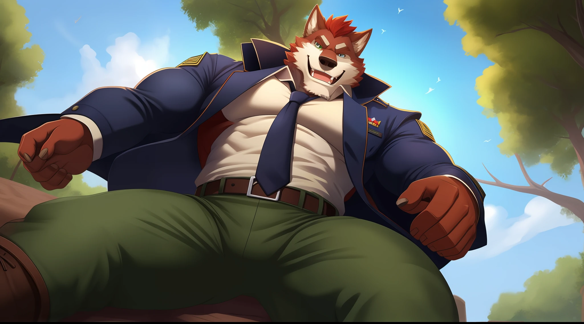 A red-haired wolf orc in uniform,Wolf face,Does not expose muscles,male people,The body is very strong,Wearing a green military uniform,A tie is worn on the chest,The military jacket is long-sleeved,With a smile,Wears a dark green belt around his waist,The background is forest,The sky is blue,Sideways face,Wear boots,Raise your left foot,Perspective looking at the sole,Two wolf ears,The eyeballs are red