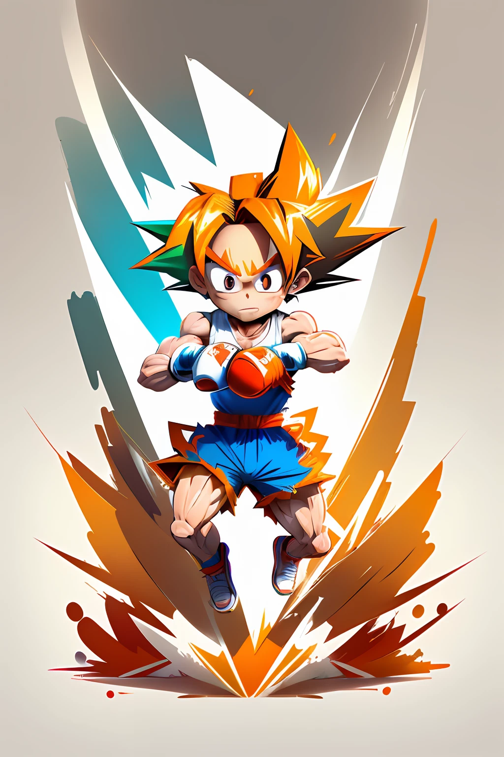 ready-to-print vector t-shirt art colorful graffiti illustration of a cute colorful goku chibi,beautiful manga style eyes and face, standard body, body composition full, complete, no superfluous detail, wearing boxing gloves, No Face, beach style, action shot, 1 work of art, christmas colors, high detail, white background. 8k image quality.