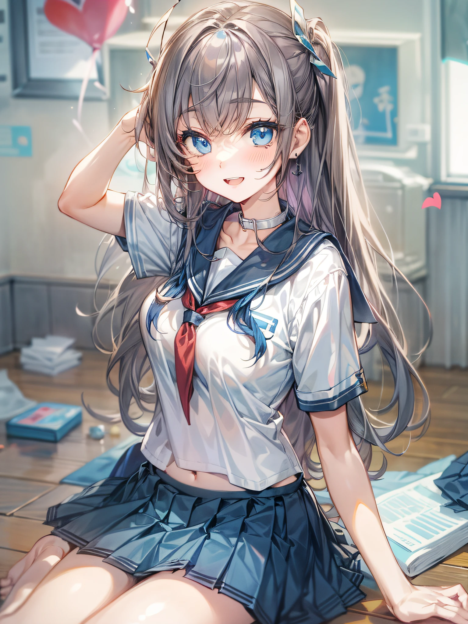 1girll, sitting down on the floor, Place your phone to your ear, Blowing hair, Long hair, blue color eyes,Shining eyes,Detailed eyes,Skirt, Solo, upper legs, Sailor school uniform, navel, Pleated skirt, midriff, Blue eyes, White shirt, Collar, Smile, Medium breasts, view the viewer, Open mouth,,Large breasts,