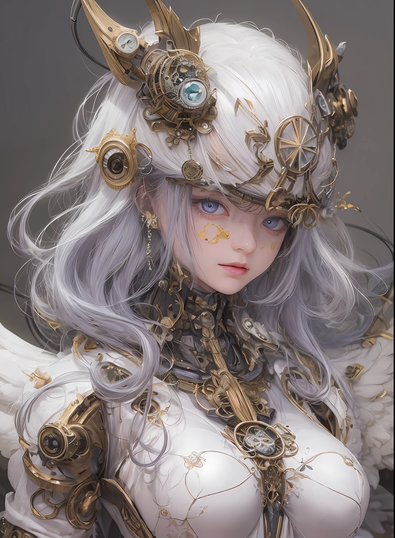 top-quality、masterpiece、超A high resolution、(Photorealsitic:1.4)、Raw photo、1人、Black hair、glowy skin、1. Steampunk Battle Angel、large metal wings、Shining Angel Circle、((super realistic details))、portlate、globalillumination、Shadow、octan render、8K、ultrasharp、Colossal tits、Raw skin is exposed in cleavage、White porcelain body、Details of complex ornaments、About steampunk、Glowing LEDs、Hydraulic cylinder、highly intricate detail、Realistic light、a purple eye、radiant eyes、Facing the camera、neon details、Mechanical limbs、blood vessels connected to tubes、Mechanical vertebrae attached to the back、mechanical cervical attaching to neck、cowboy shot、Wires and cables connecting to the head、Luminous tube、Small LED lamp、Sumerian details、