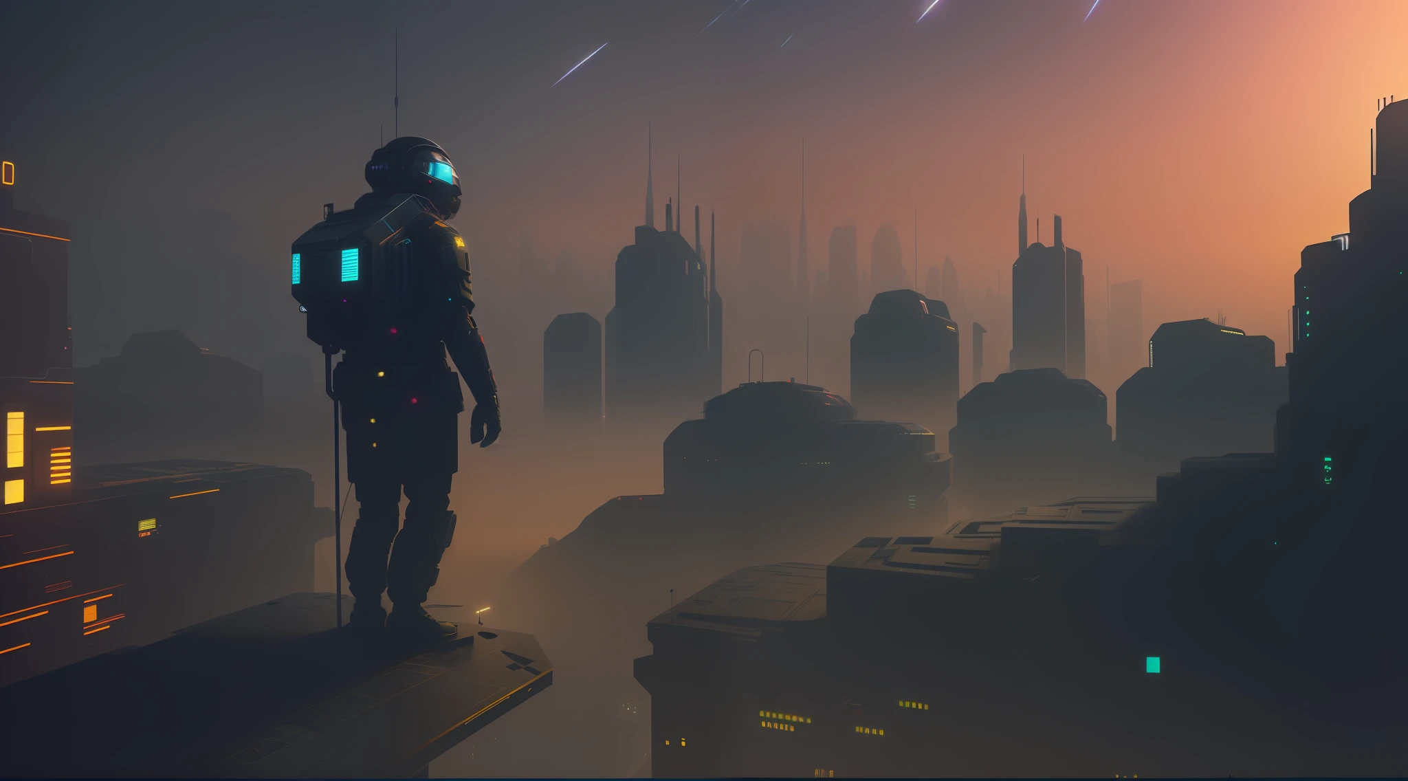 Cidade futuristica，A man stands on a platform in the middle of the night, science fiction digital painting, science fiction digital painting, 3 d render beeple, arstation and beeple highly, Concept art wallpaper 4K, concept art 8 k, Dark science fiction art, cyberpunk city in the distance, greg beeple, Science-fi digital art illustration，Future military uniform