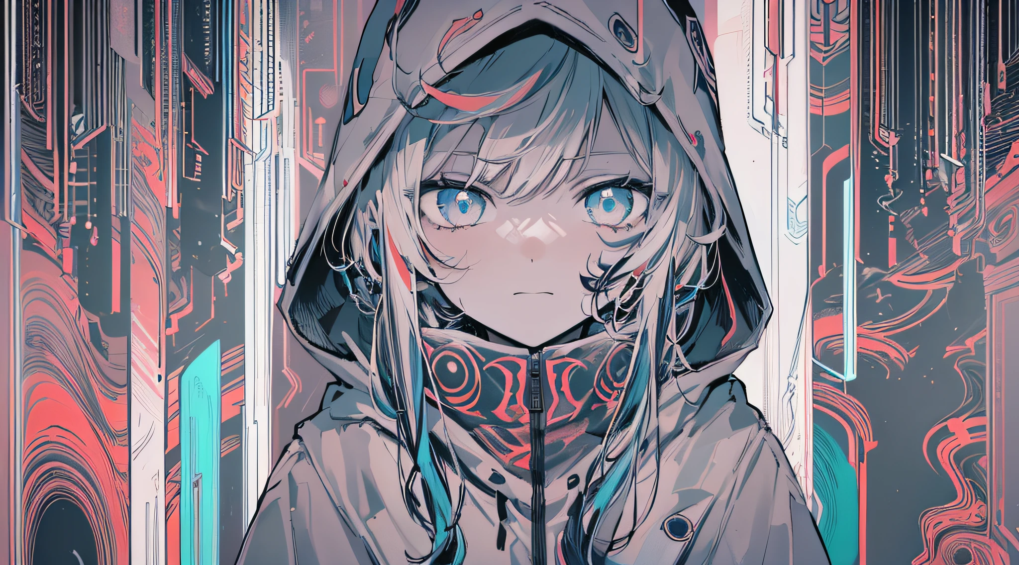 (Best Quality, masutepiece), Glitch Screen Filter, (1girl in, Solo, hoods, Facial expression face, Standing, Looking at Viewer, Cap, Blue eyes, Long straight hair, Closed mouth, Upper body,), (monochromes, Multicolored carved circles, White wall),
